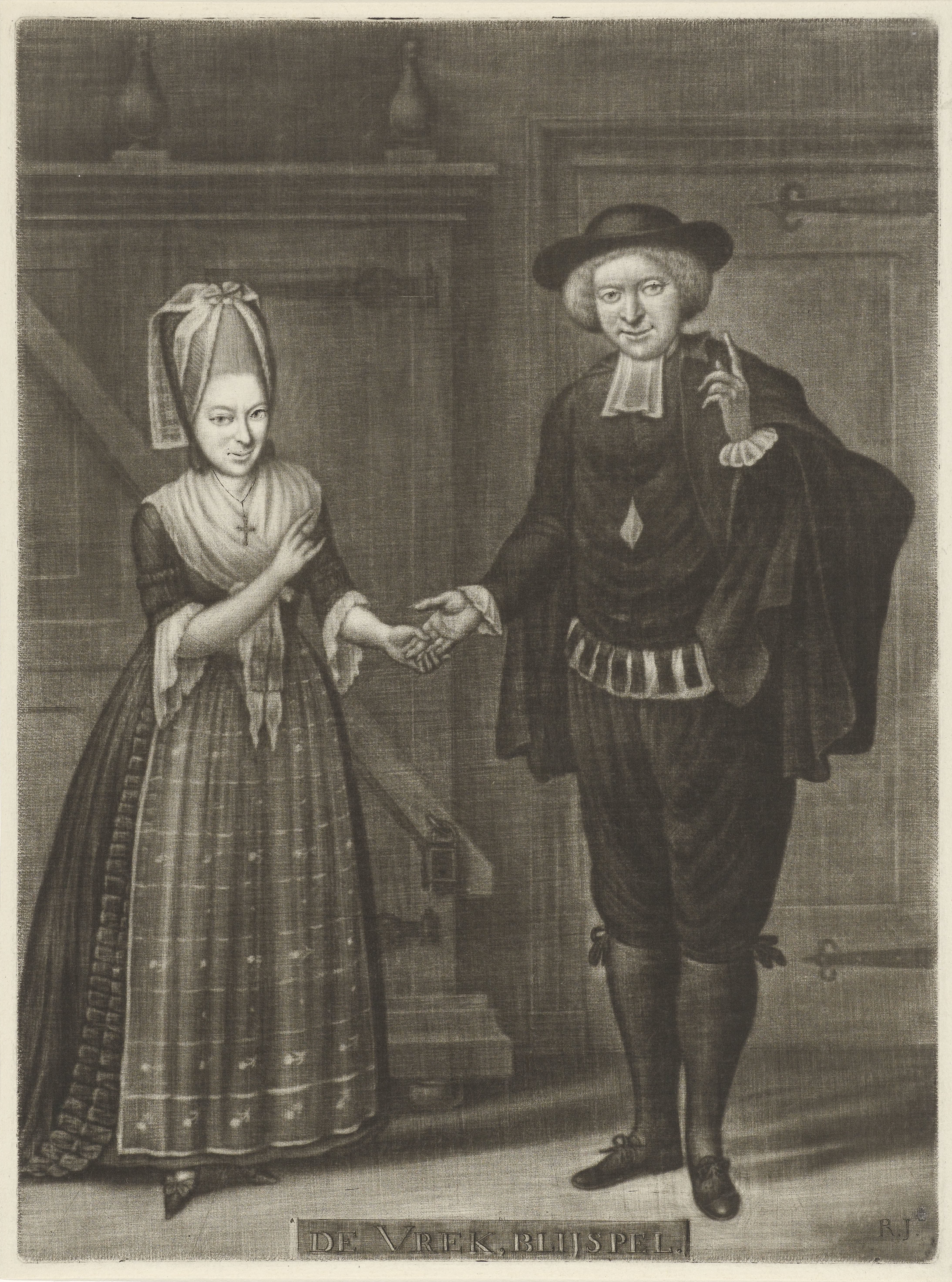 Portret van Maria Elisabeth Ghijben en Anthony Angemeer als Fransijn en Govart in het toneelstuk De vrek