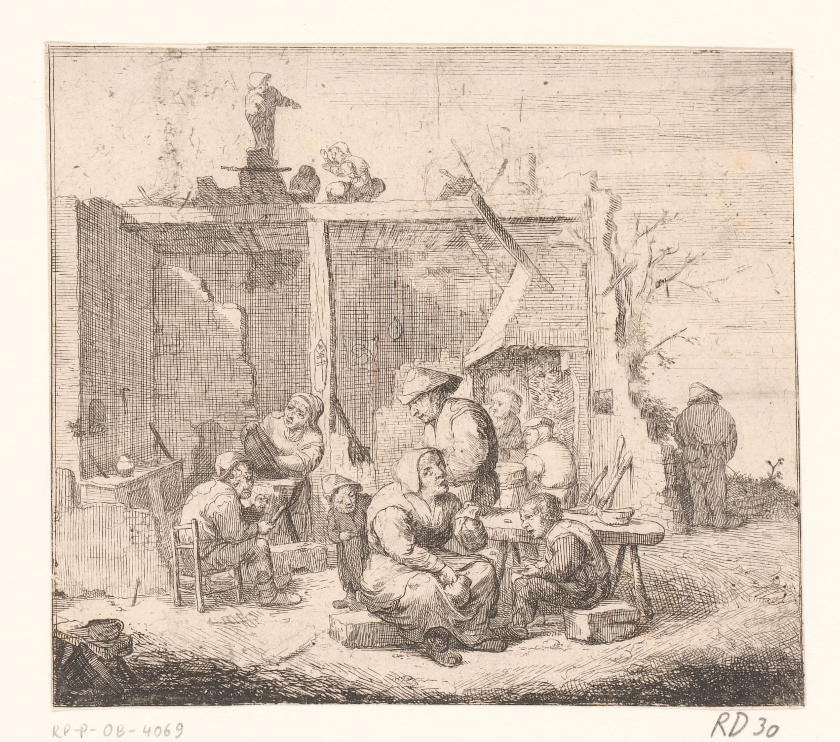 Familie in een ruïne van een huis