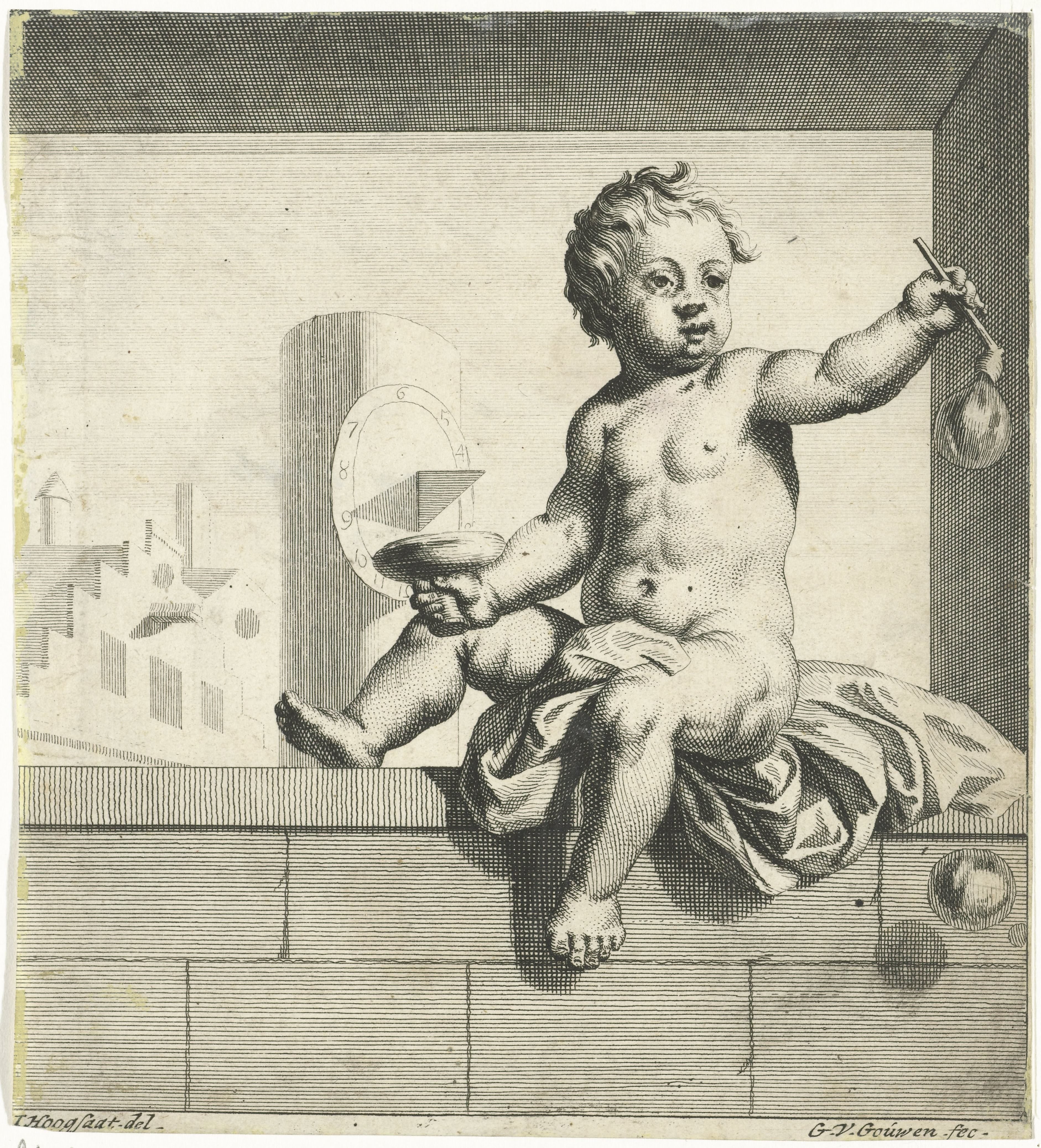 Gezeten putto die bellen blaast.