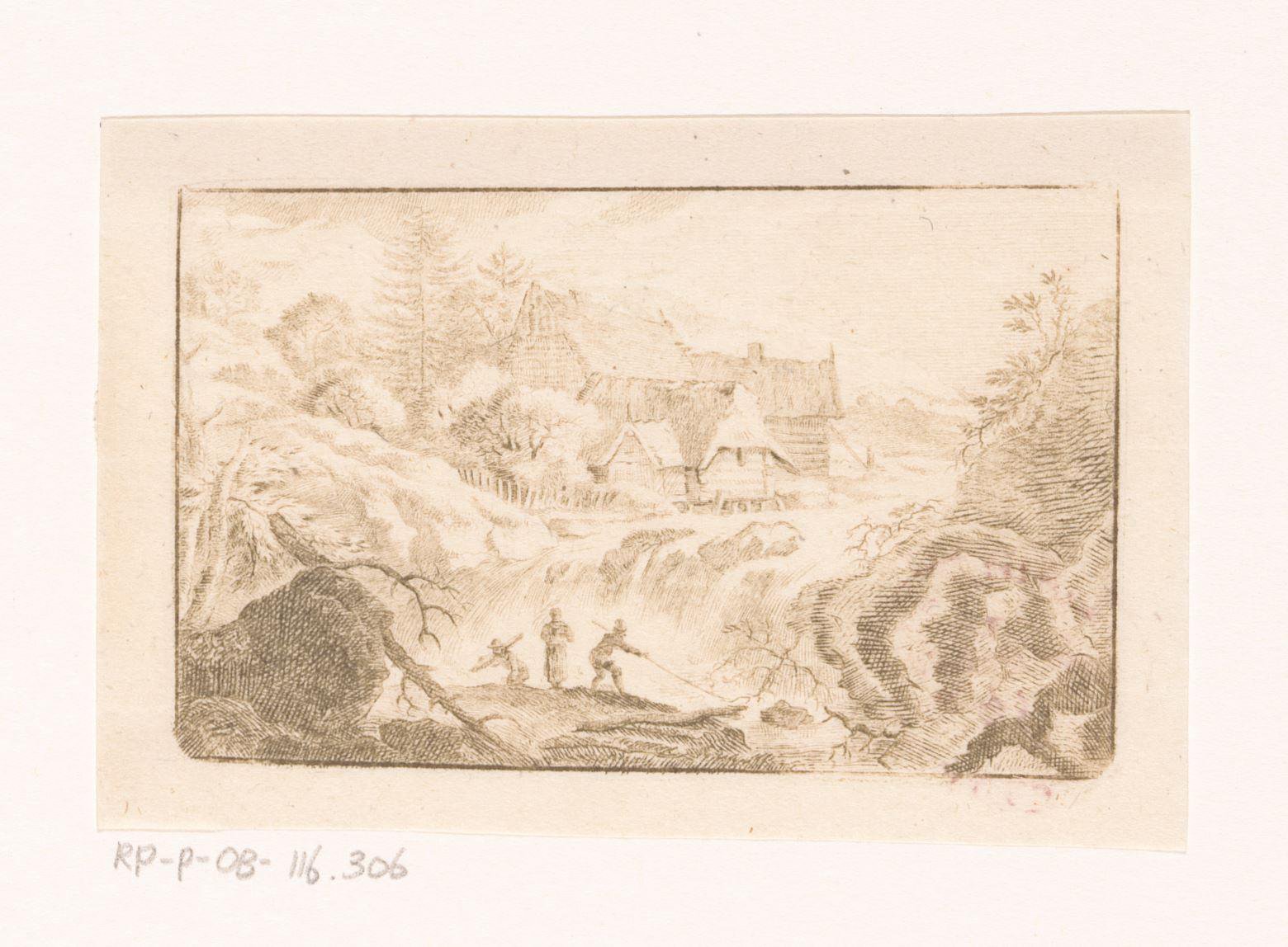 Landschap met huizen achter een waterval