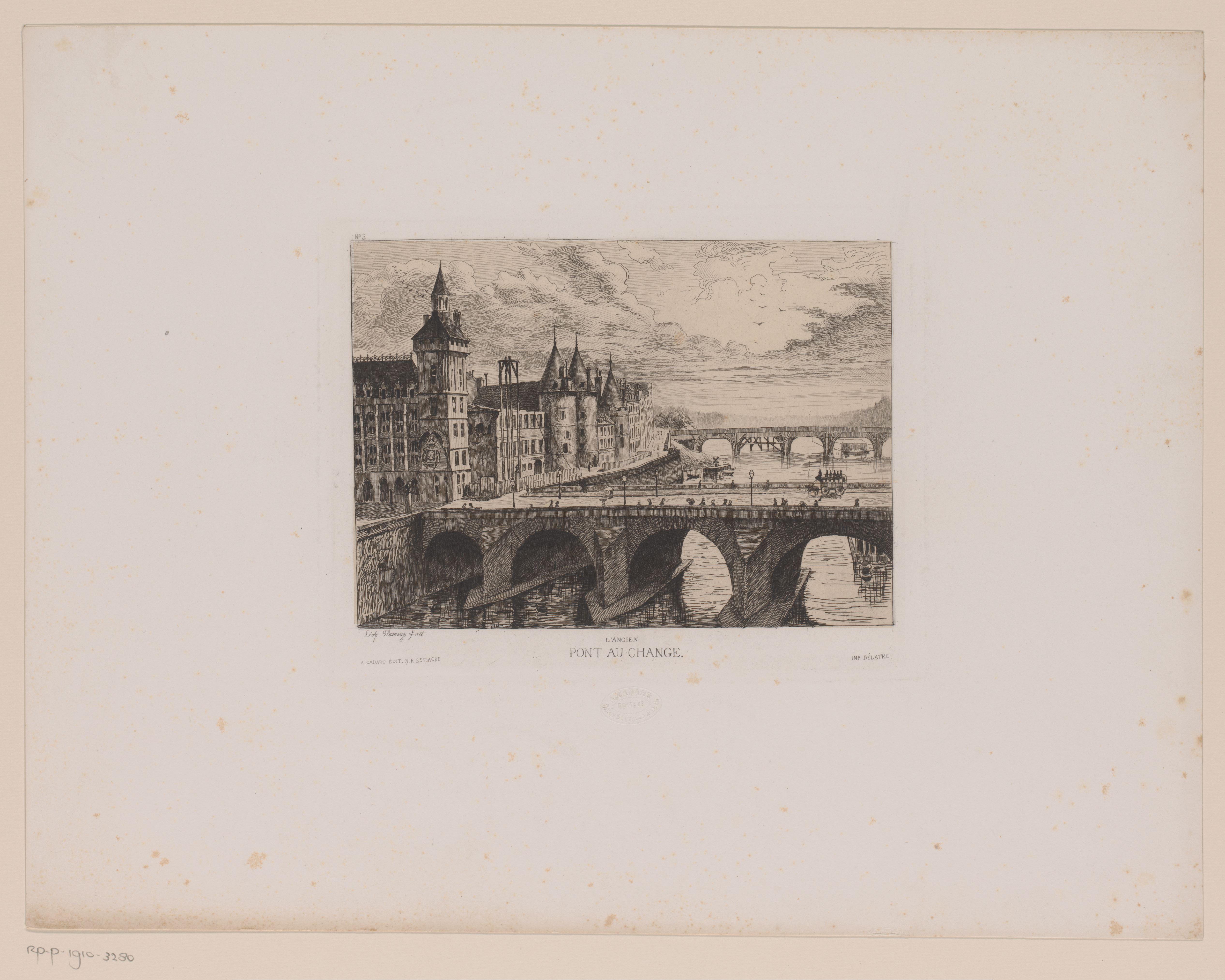Gezicht op de Pont au Change over de Seine in Parijs, met links de rechtbank en Place de l'Horloge