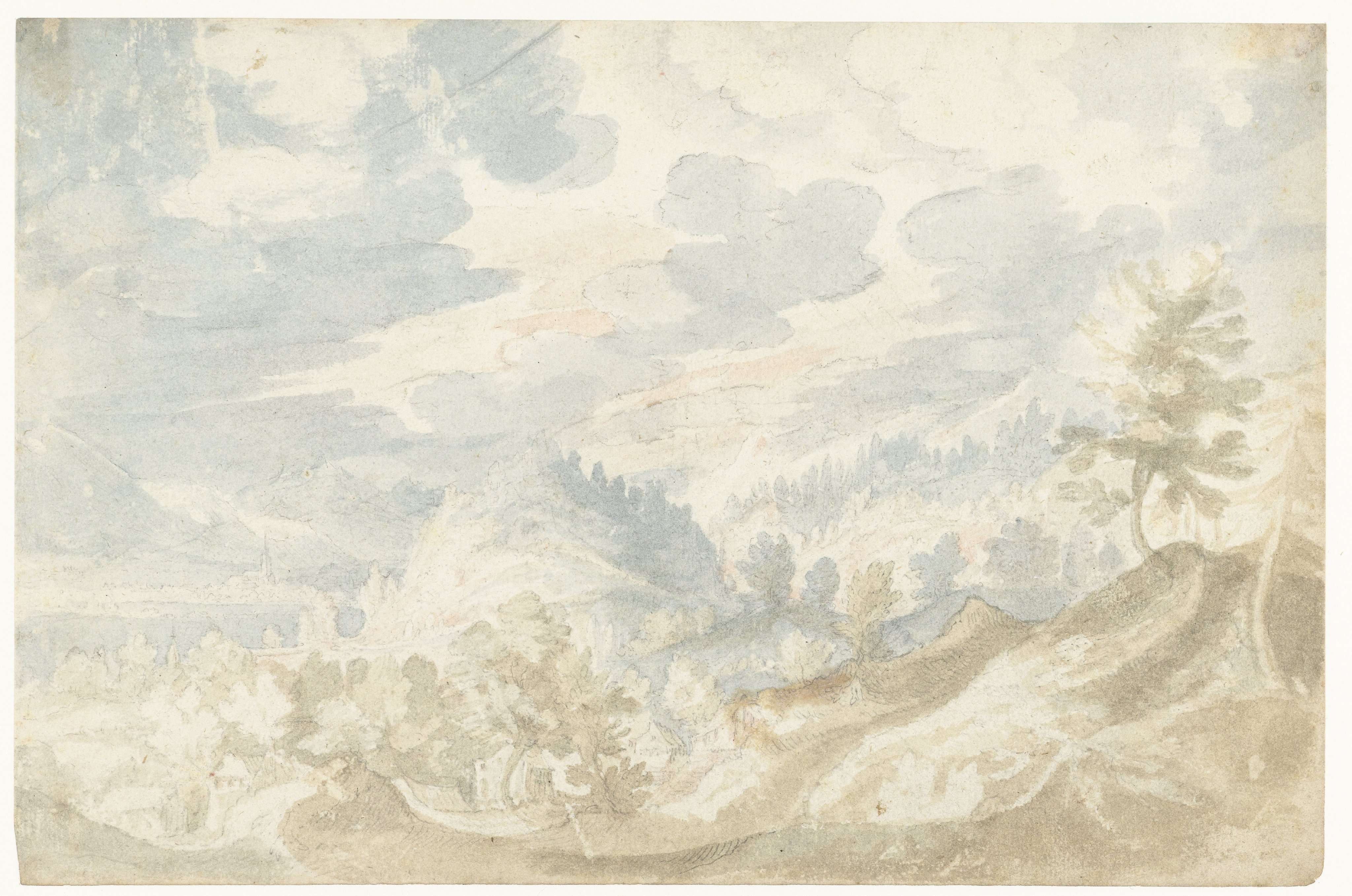 Berglandschap met een gezicht op een dal (van de Donau?) en een kerktoren