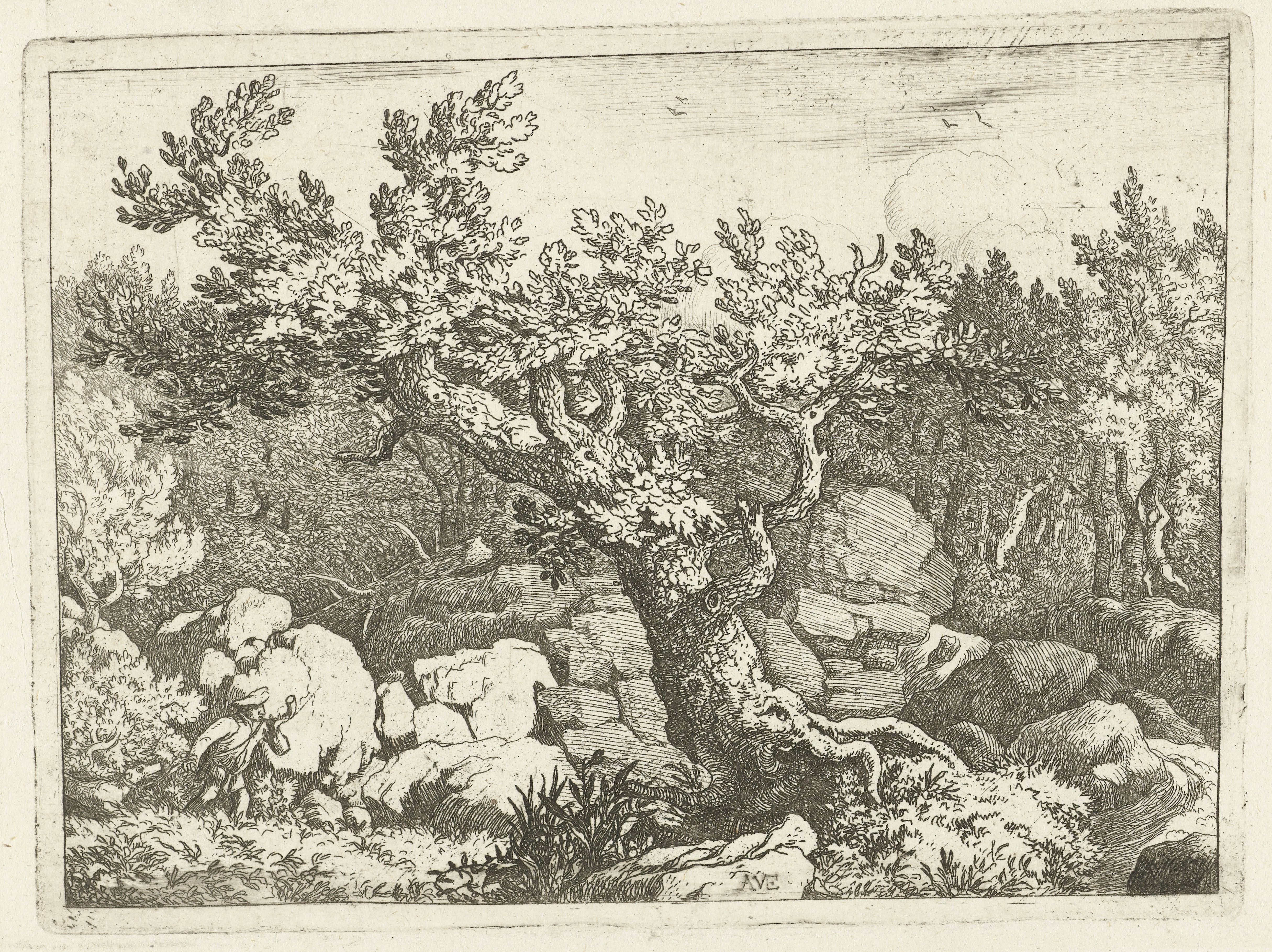 Landschap met jager bij grote boom
