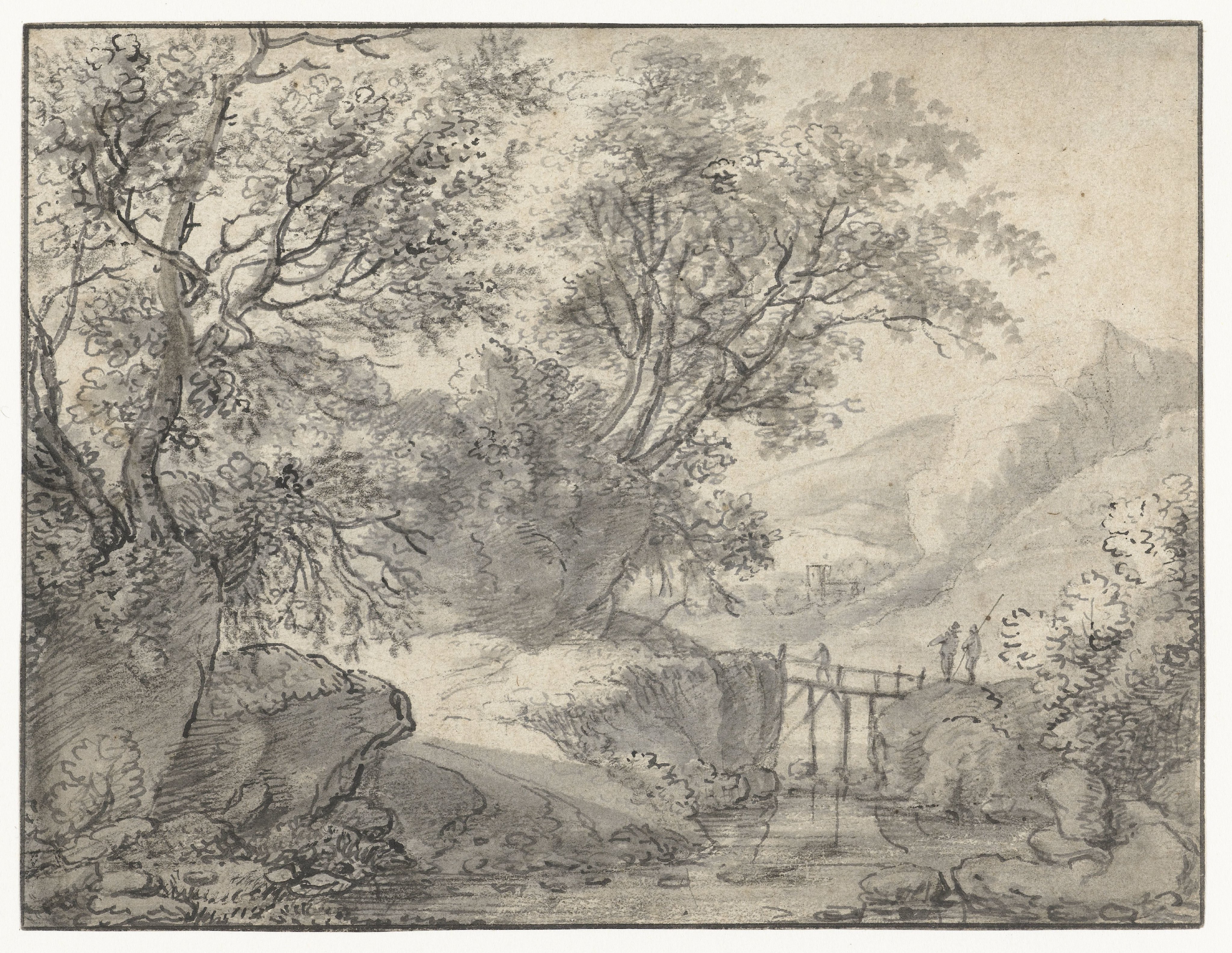 Berglandschap met bomen en een brug over een beek