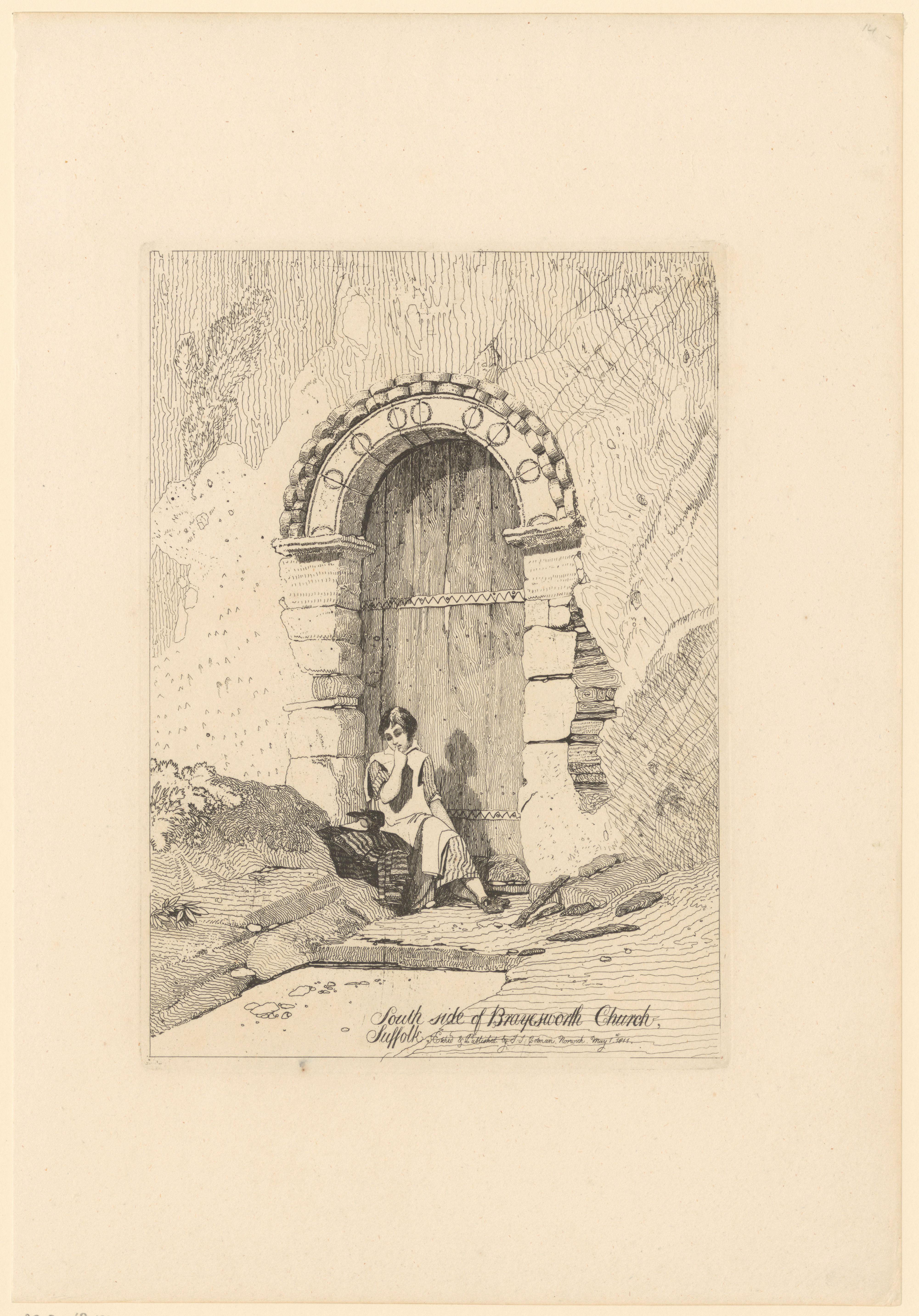 Kind zit voor een poort aan de zuidkant van de kerk van Braiseworth