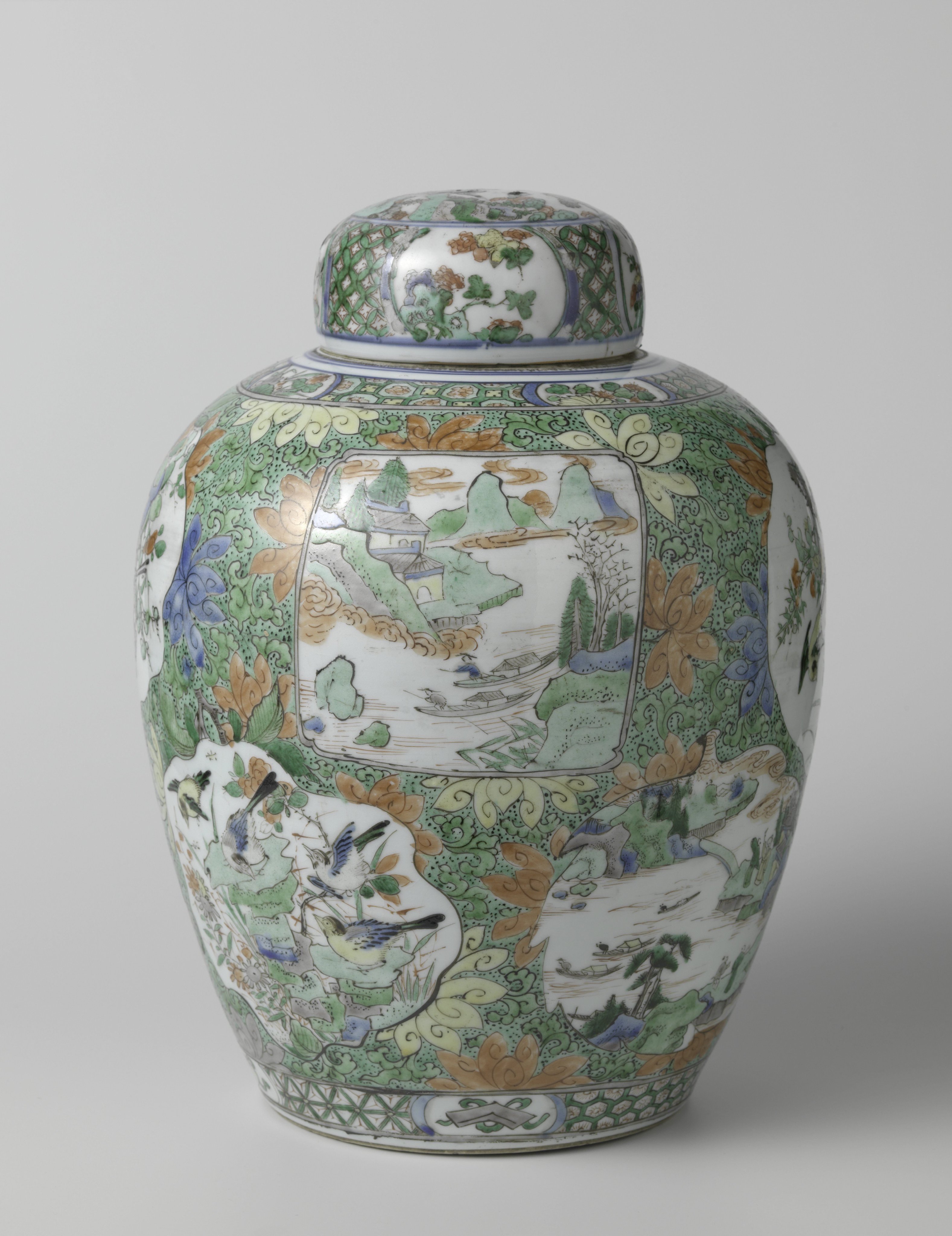 Covered jar with landscapes, flowers and birds