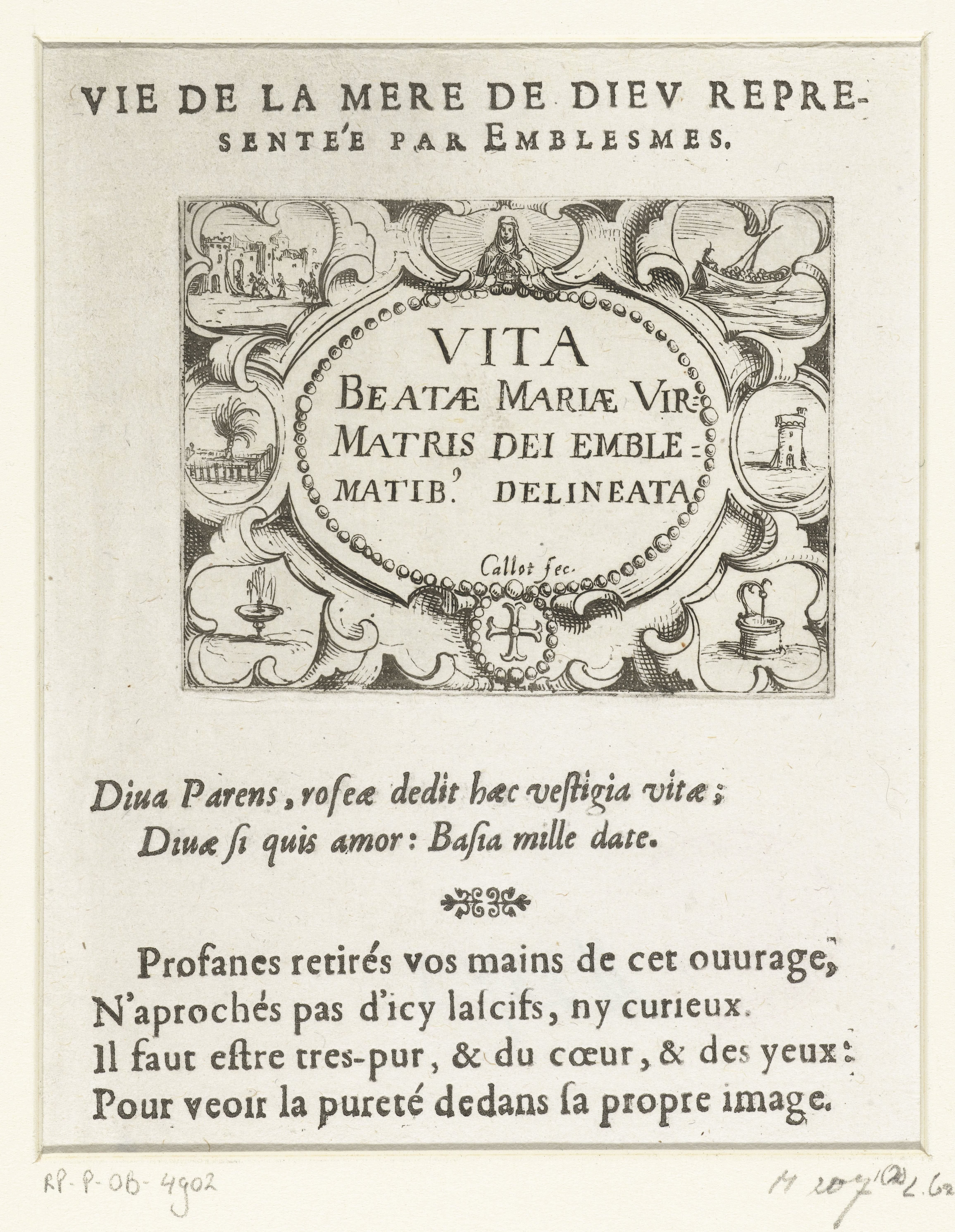 Titelblad voor de embleemserie 'Leven van Maria in emblemen'