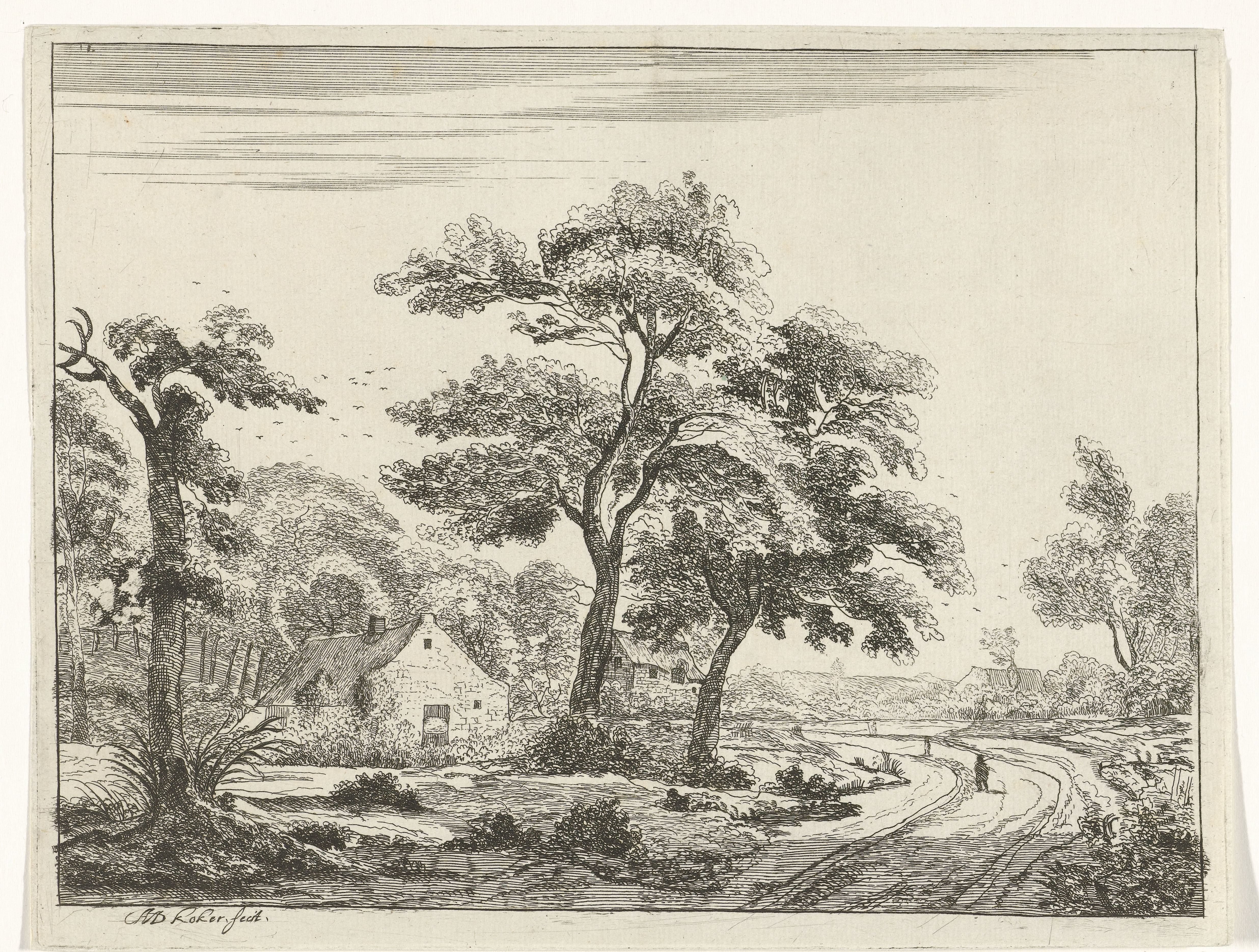 Gezicht op een dorp met een boerderij in het midden