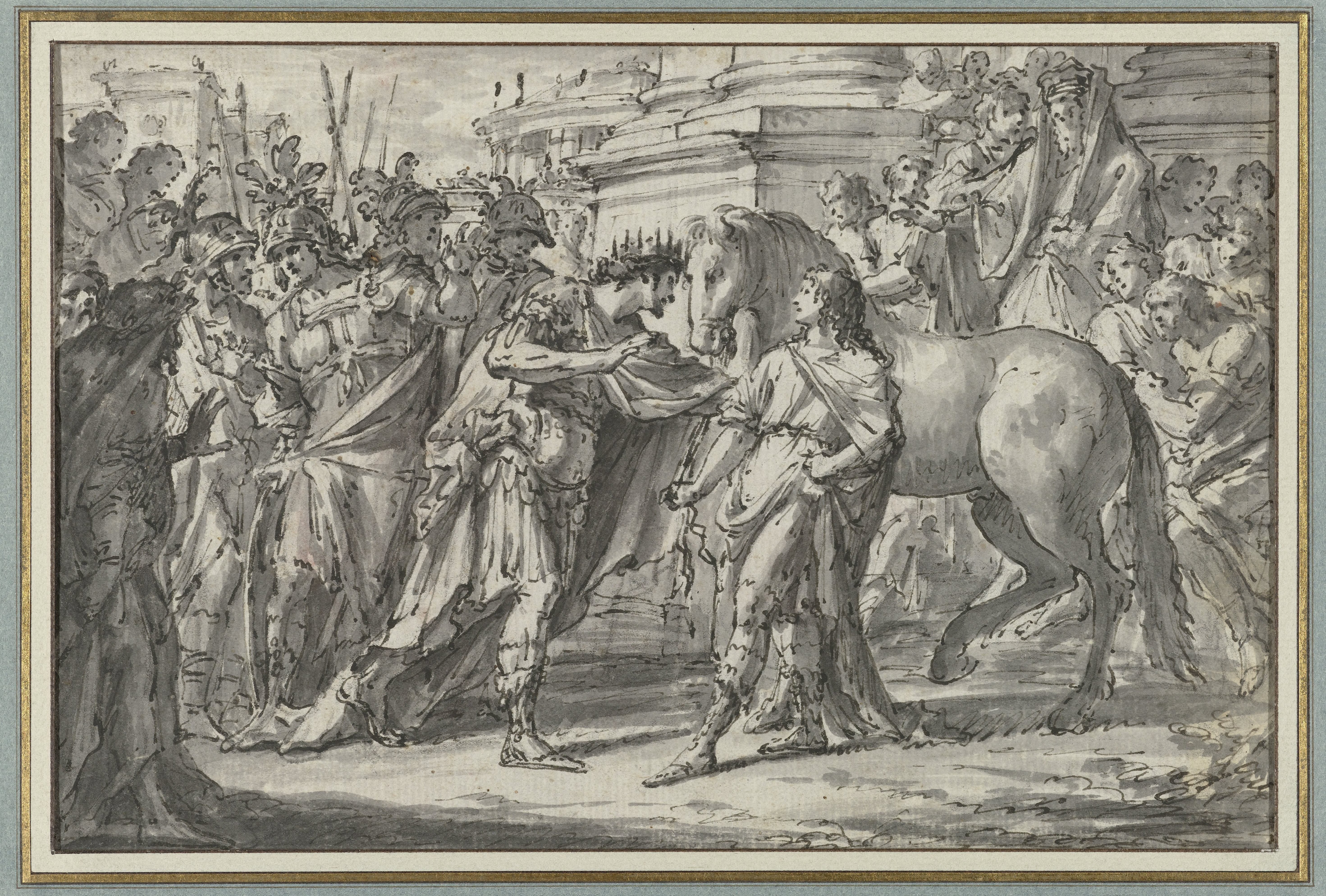 Koning Philippus II van Macedonië schenkt zijn zoon Alexander het paard Bucephalus