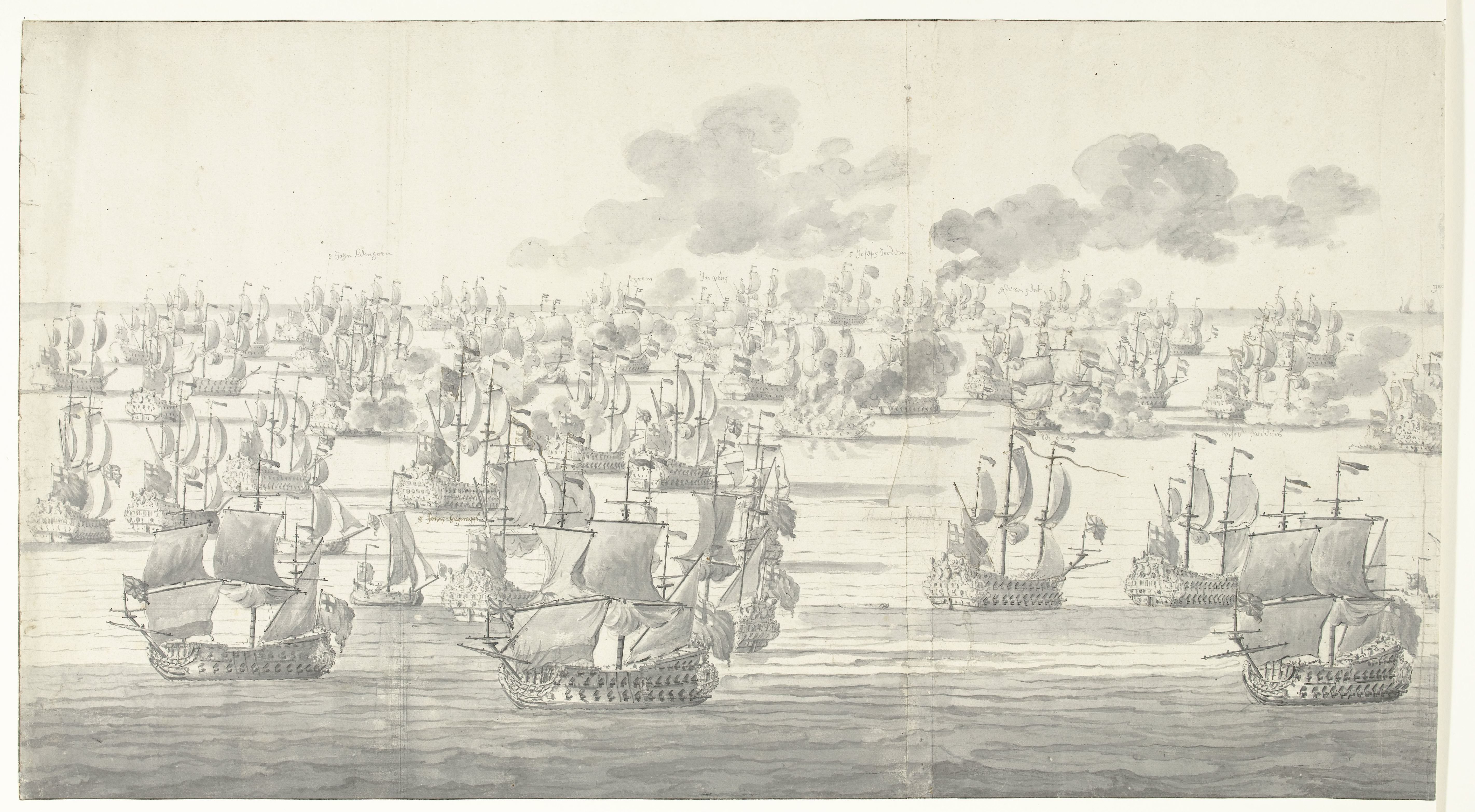 De Slag bij Solebay, 7 juni 1672, even na twee uur in de middag, gezien vanuit het noordwesten: linker deel