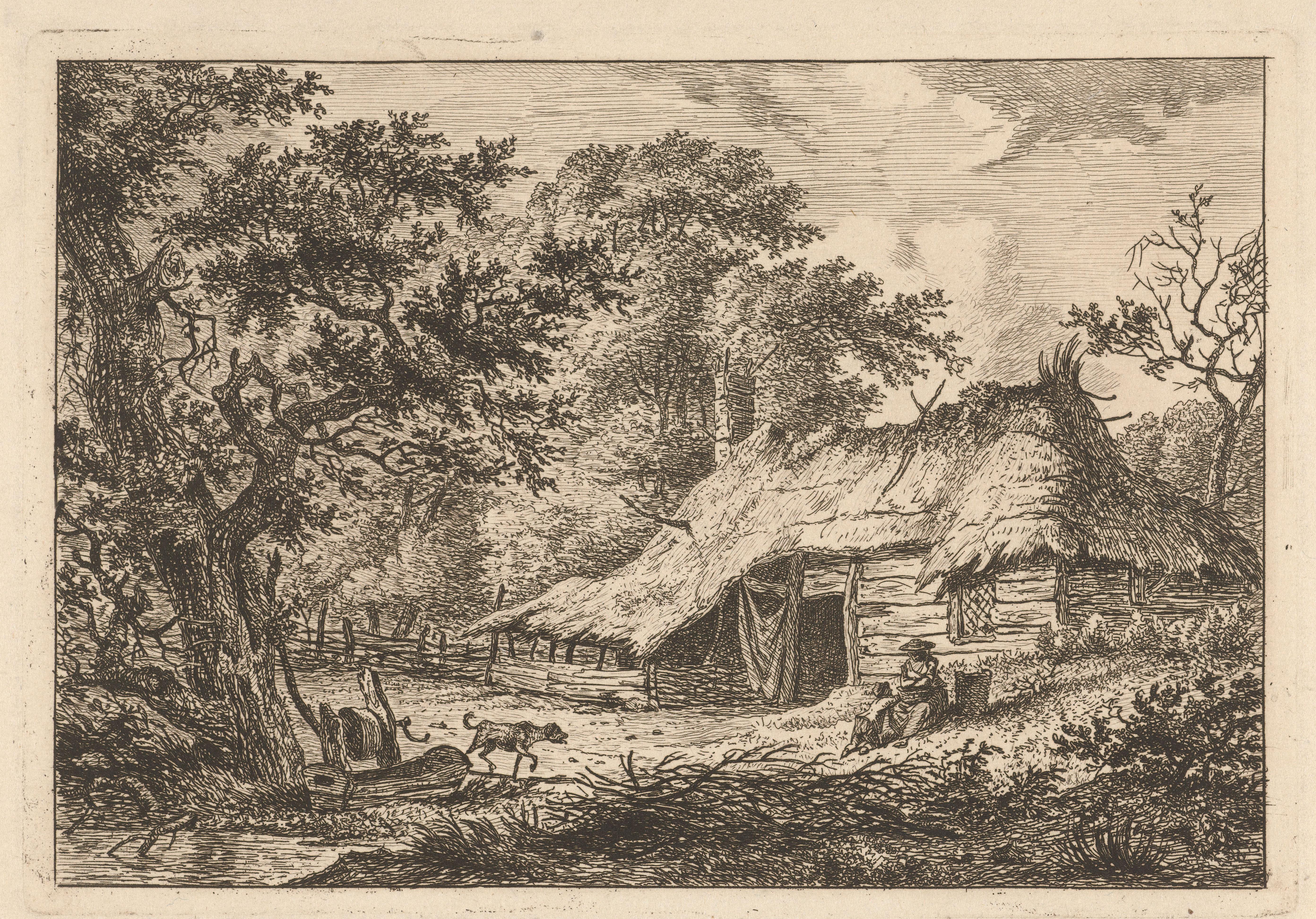 Boerderij met vrouw, kind en hond