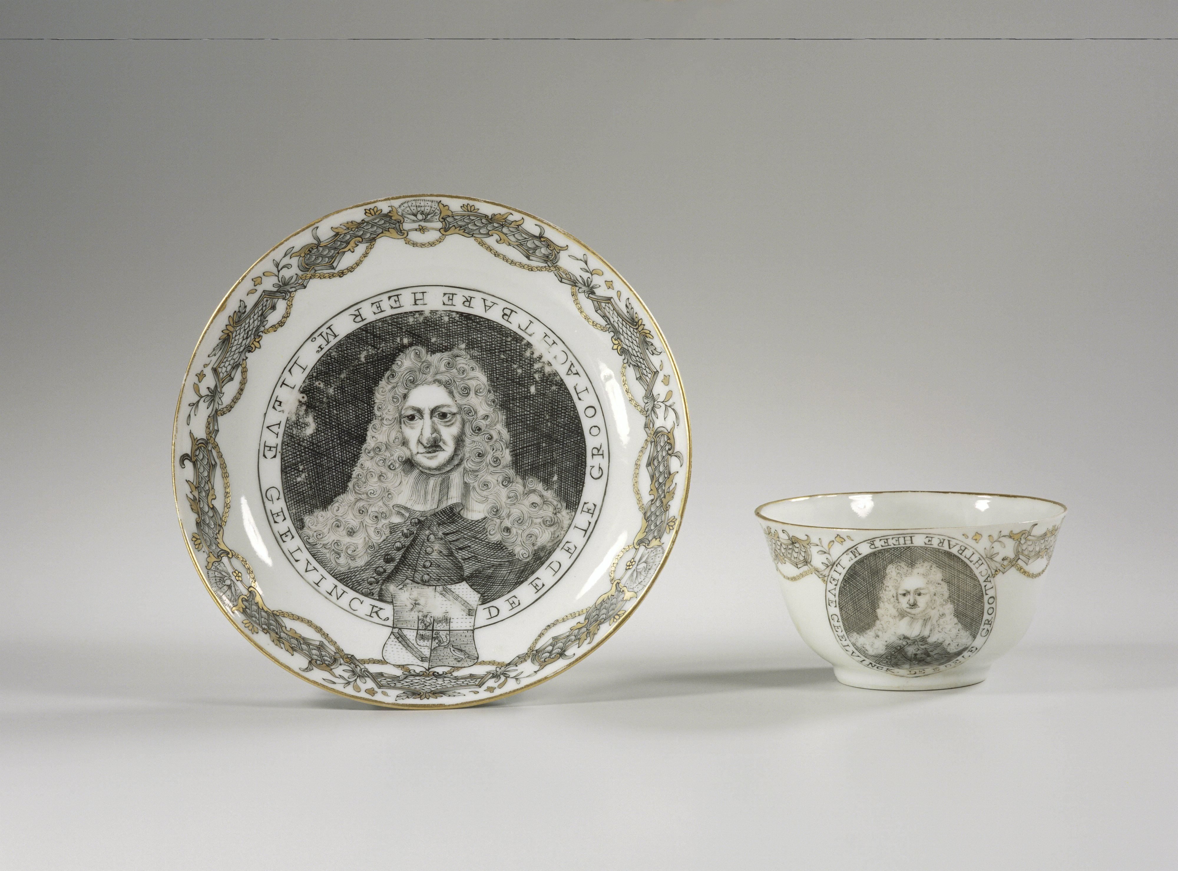 Bell-shaped cup and saucer with a portrait of Lieve Geelvinck