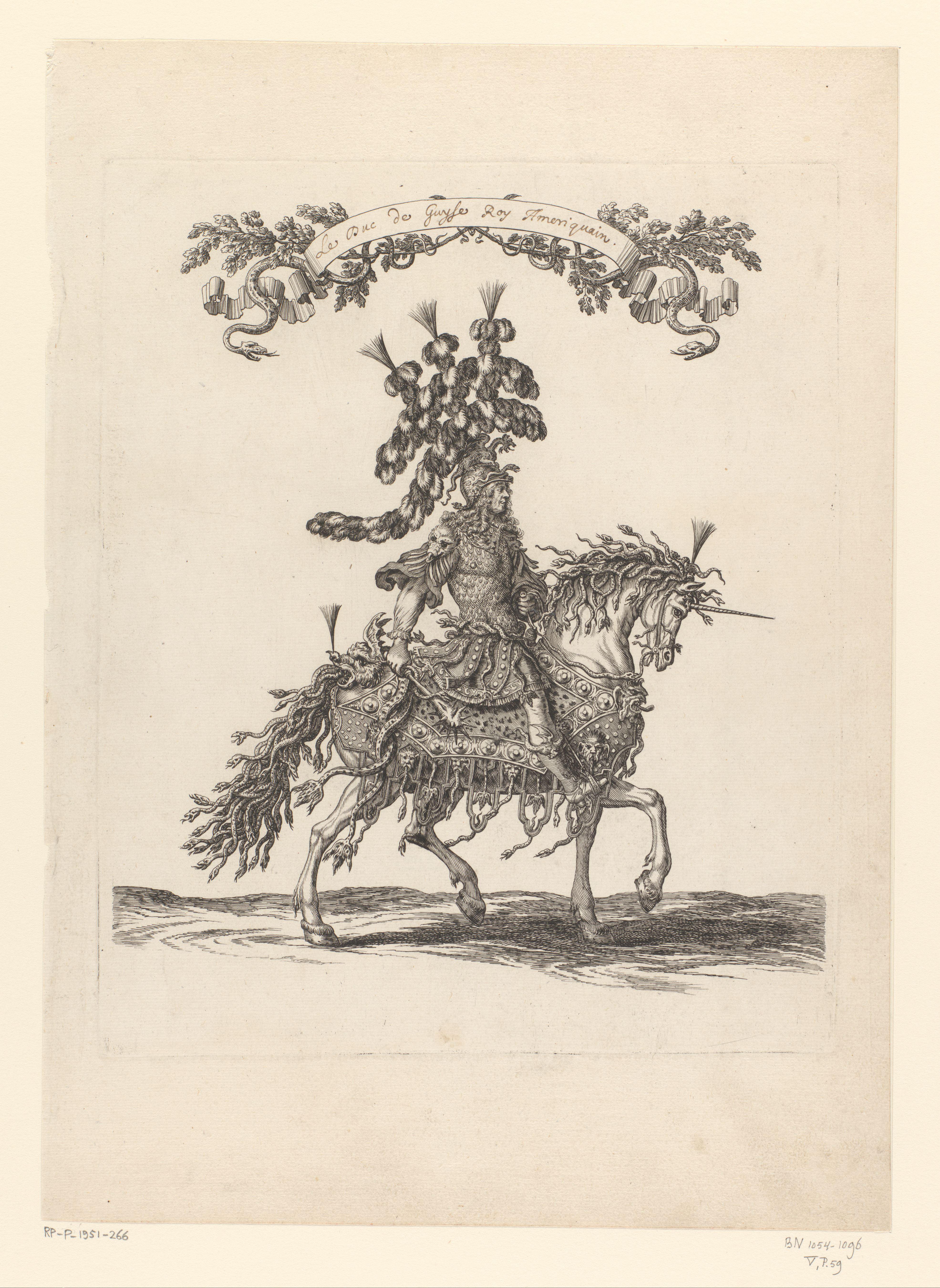 Hendrik II de Lorraine verkleed als wildeman op een paard verkleed als eenhoorn versierd met slangen