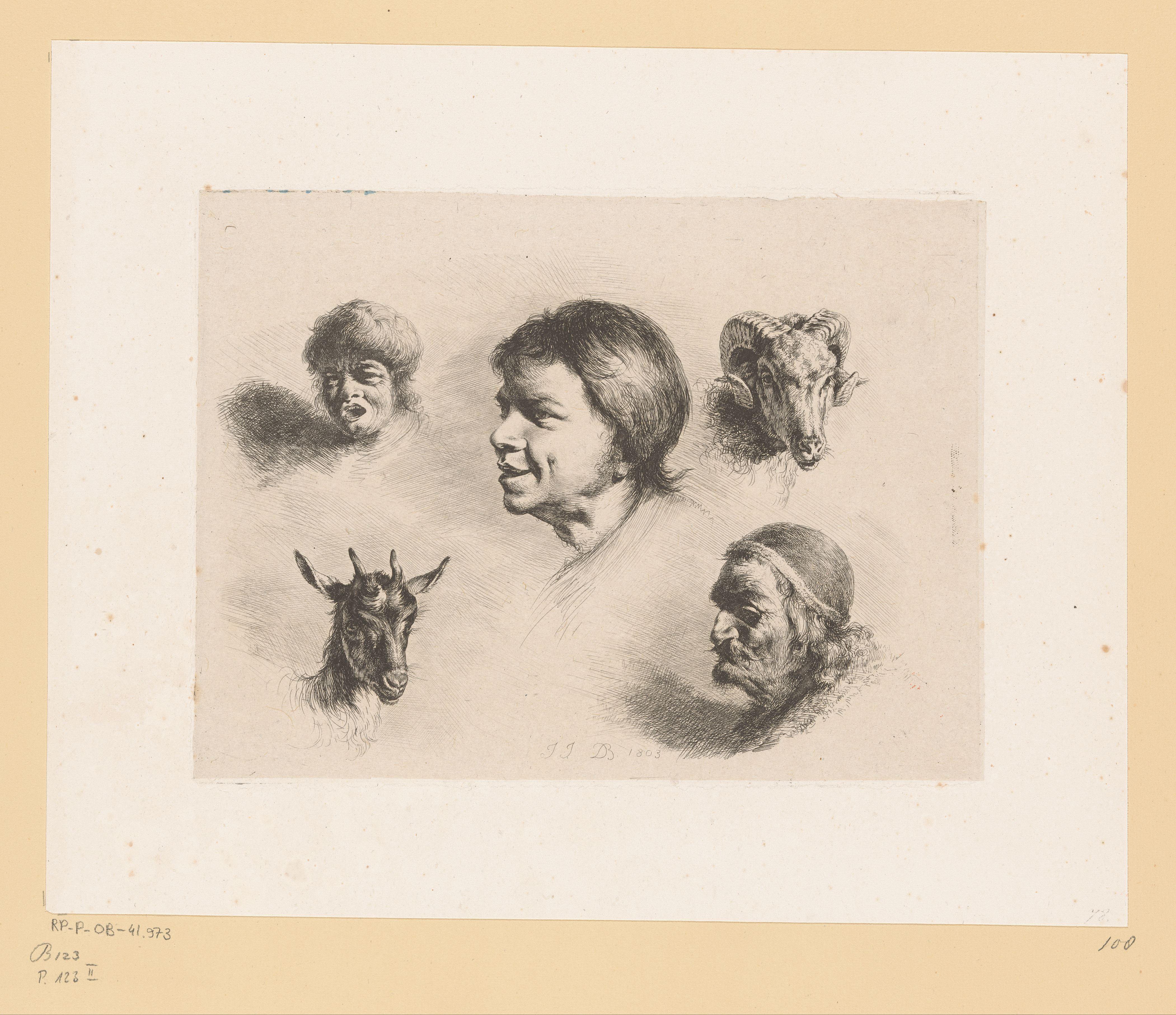 Compositie met drie hoofden van mannen van verschillende leeftijden, een ram en een bok