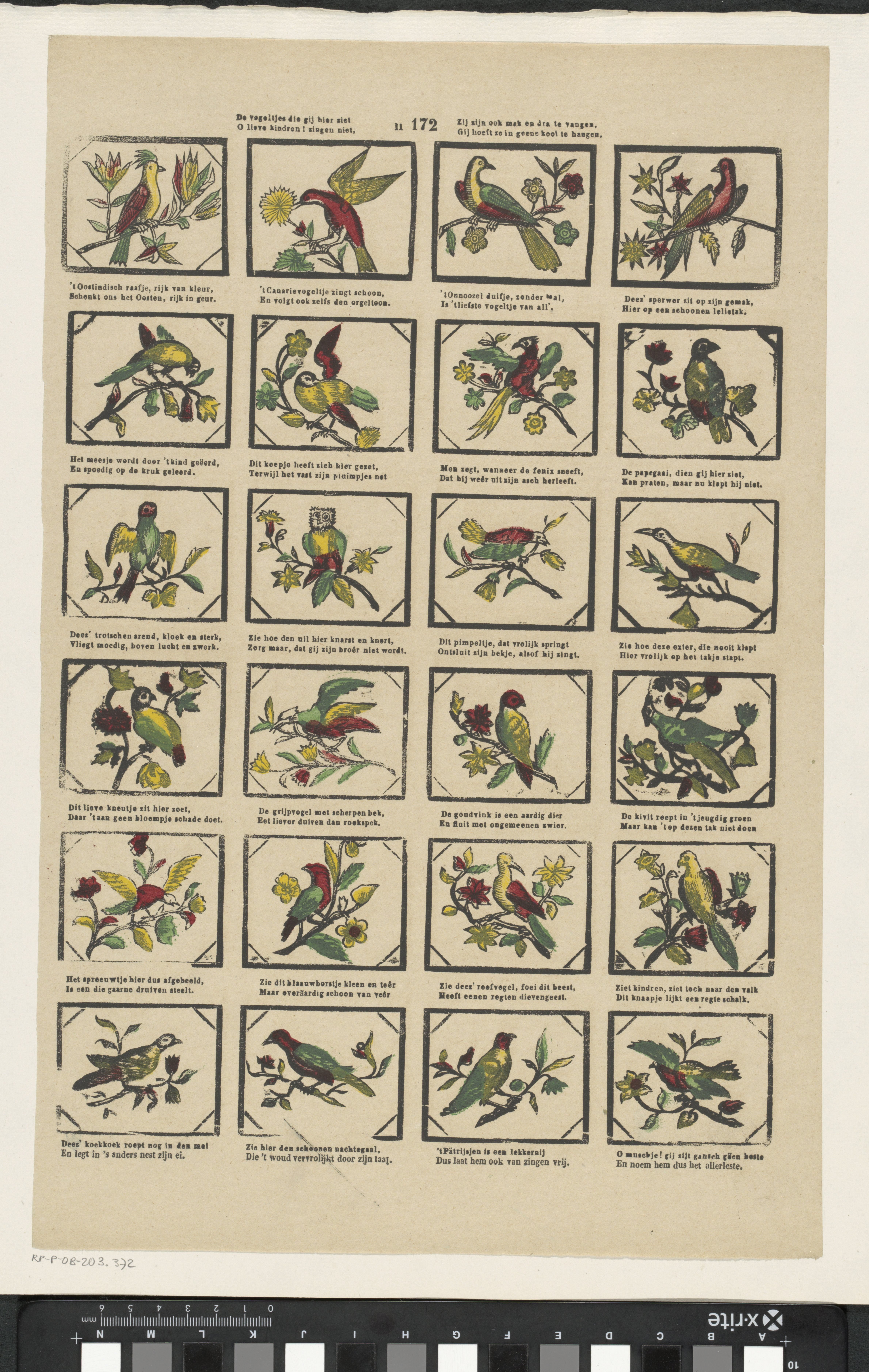 De vogeltjes die gij hier ziet / O lieve kindren! zingen niet, / Zij zijn ook mak en dra te vangen, / Gij hoeft ze in geene kooi te hangen