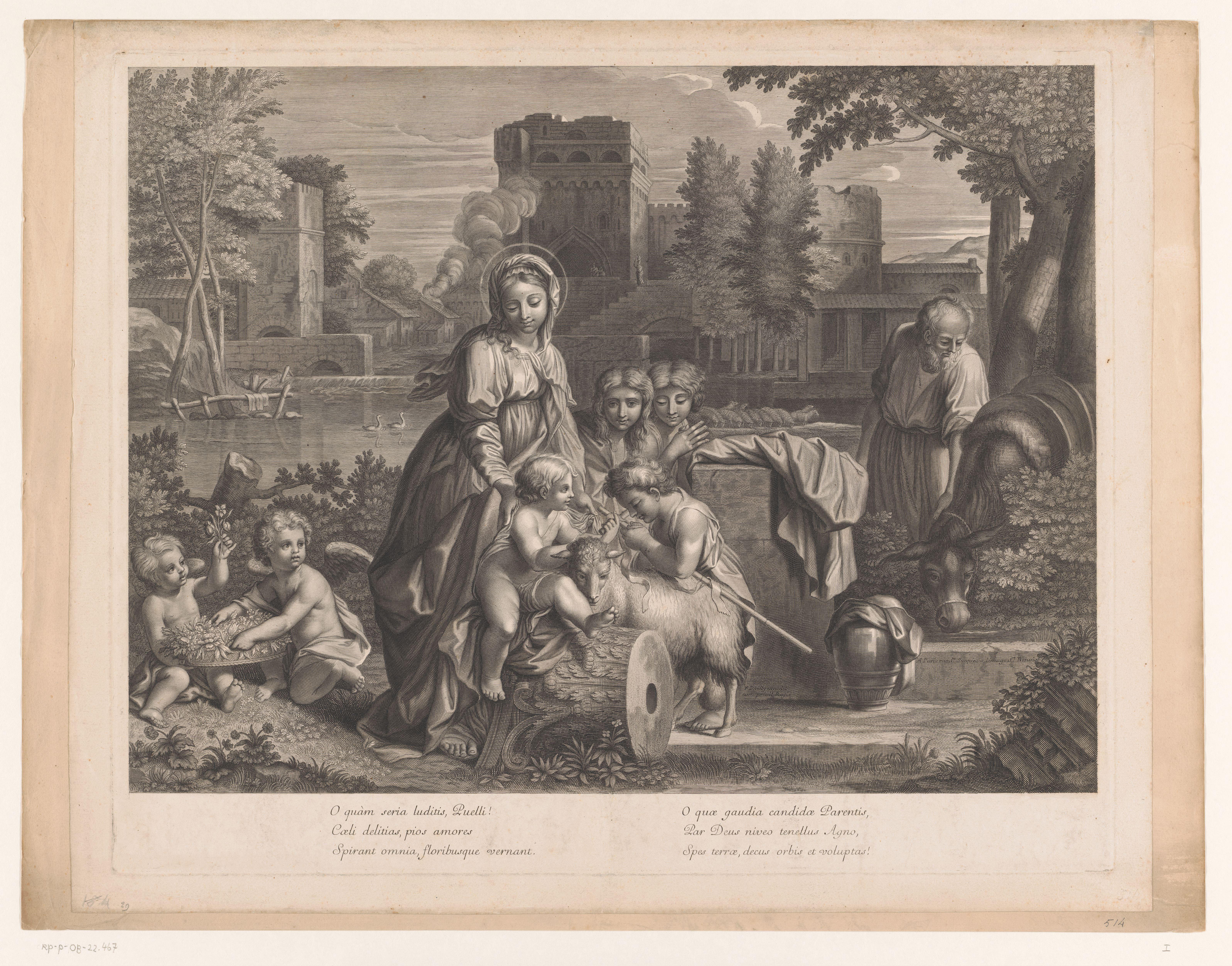 Heilige Familie met Johannes de Doper, een lam, andere kinderen en putti