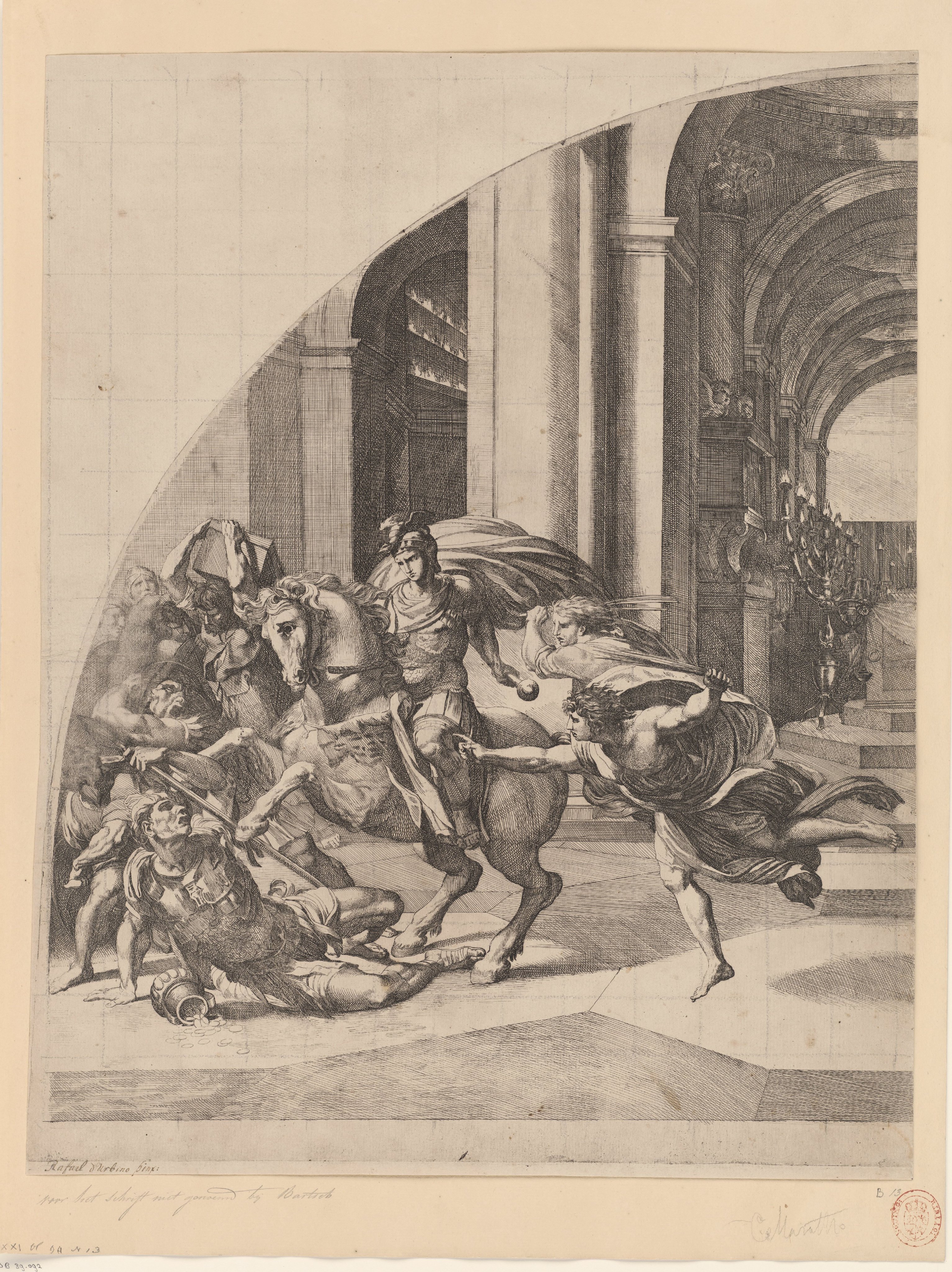 De verdrijving van Heliodorus uit de tempel (linker deel)