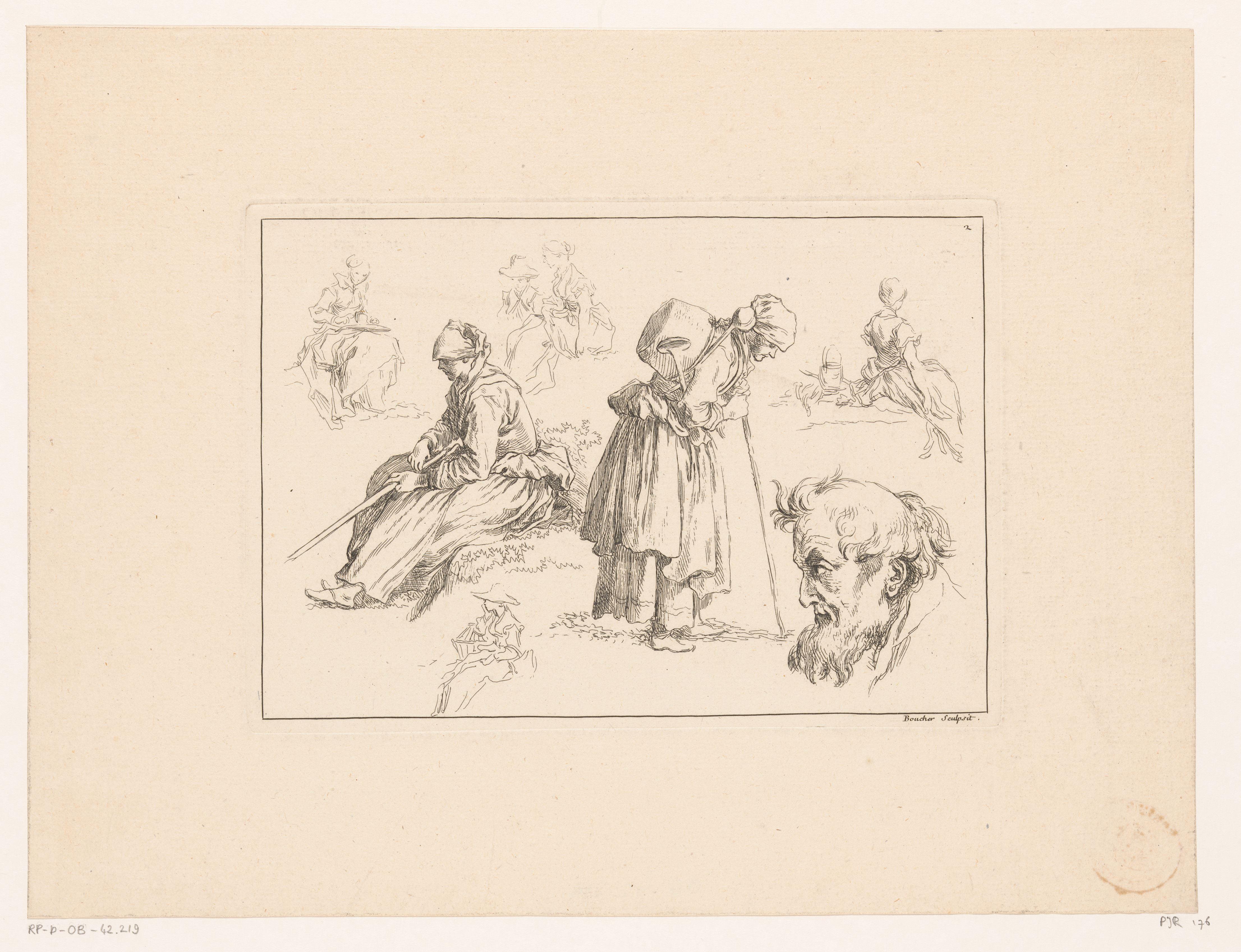 Acht figuren met in het midden een oude vrouw met wandelstok