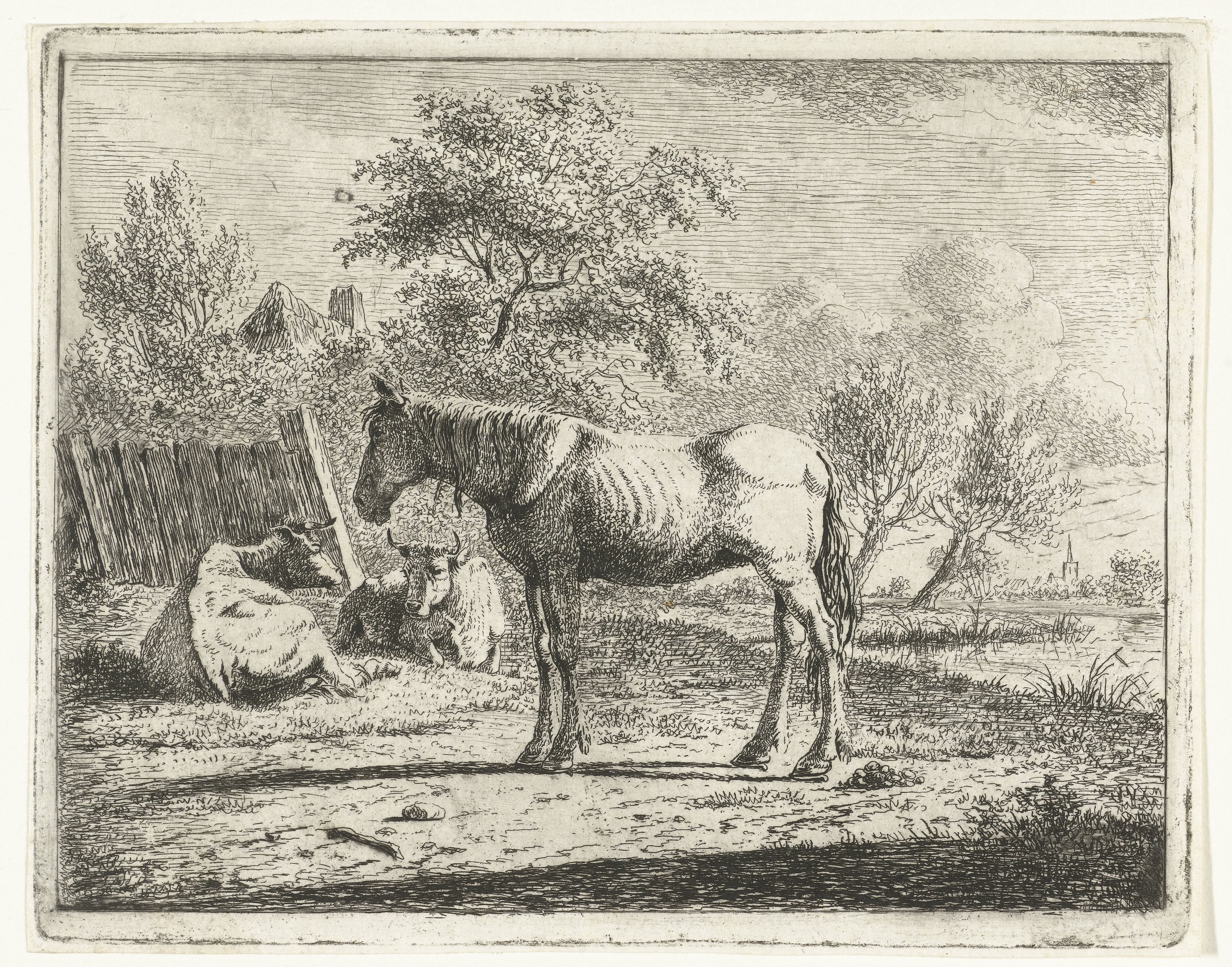 Landschap met paard en twee koeien bij boerderij aan water