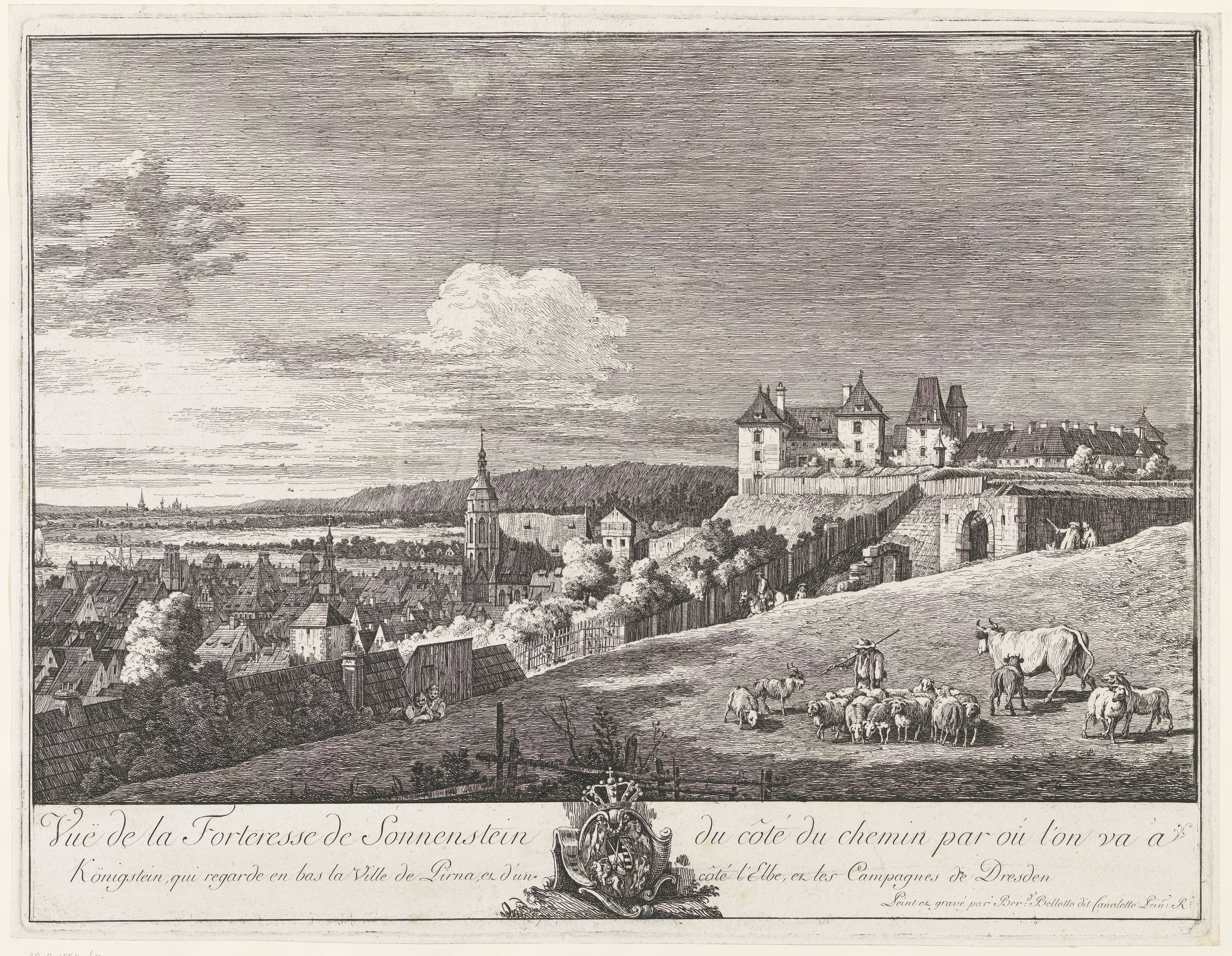 Gezicht op Schloss Sonnenstein, Pirna en de Elbe