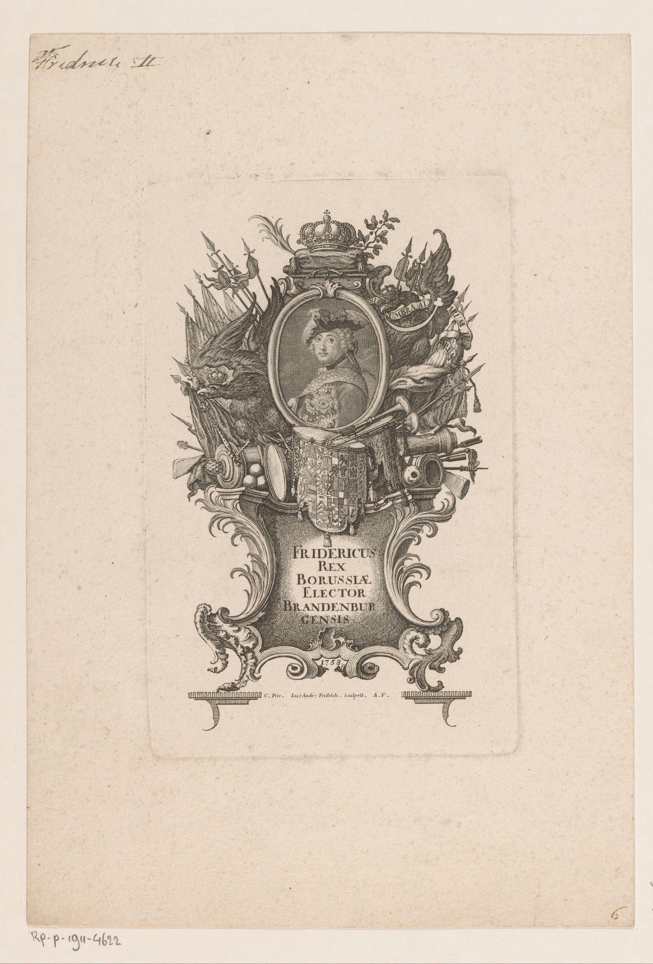 Portret van Frederik de Grote in allegorische omlijsting