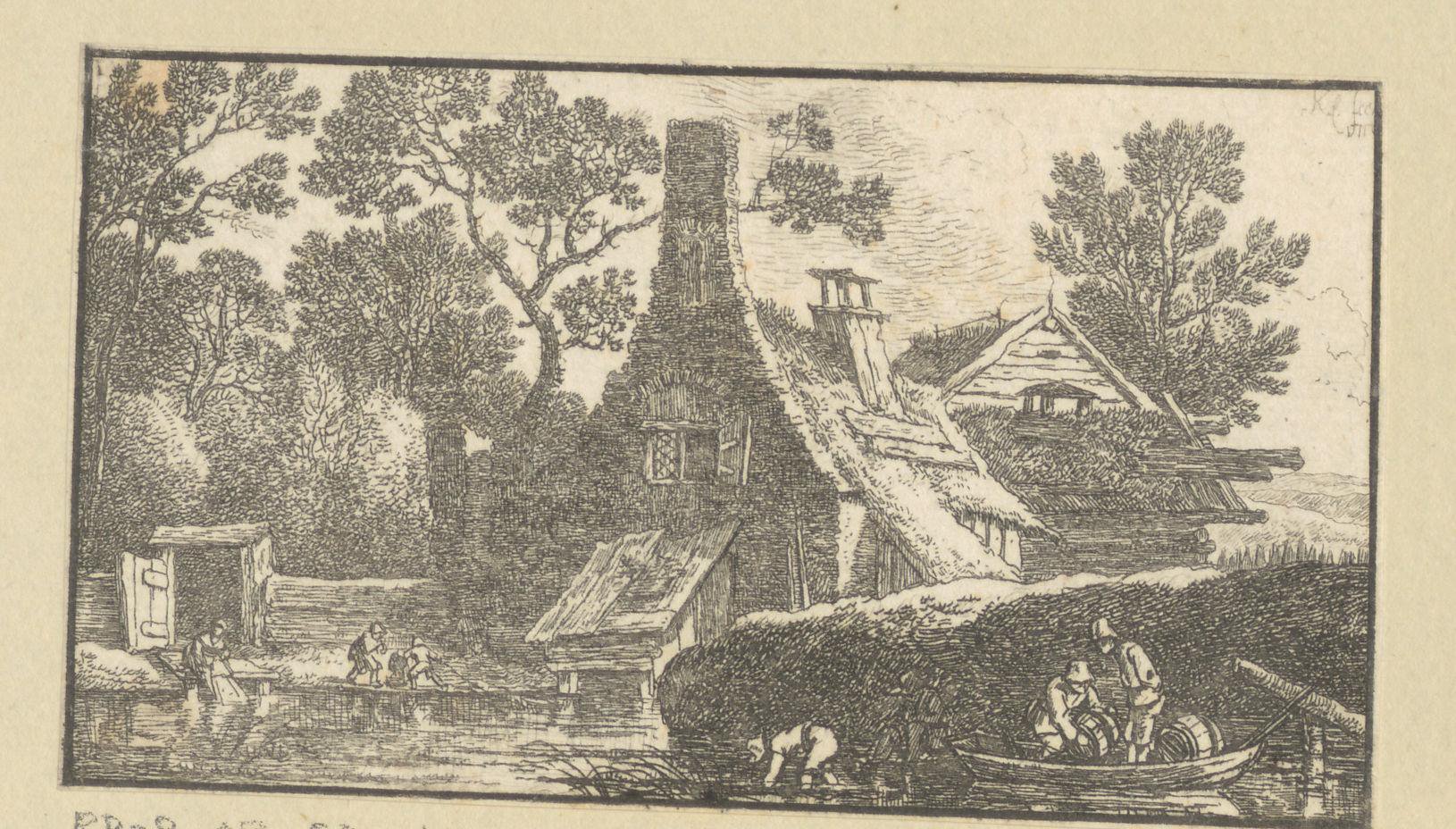 Landschap met activiteiten bij een boerderij aan het water