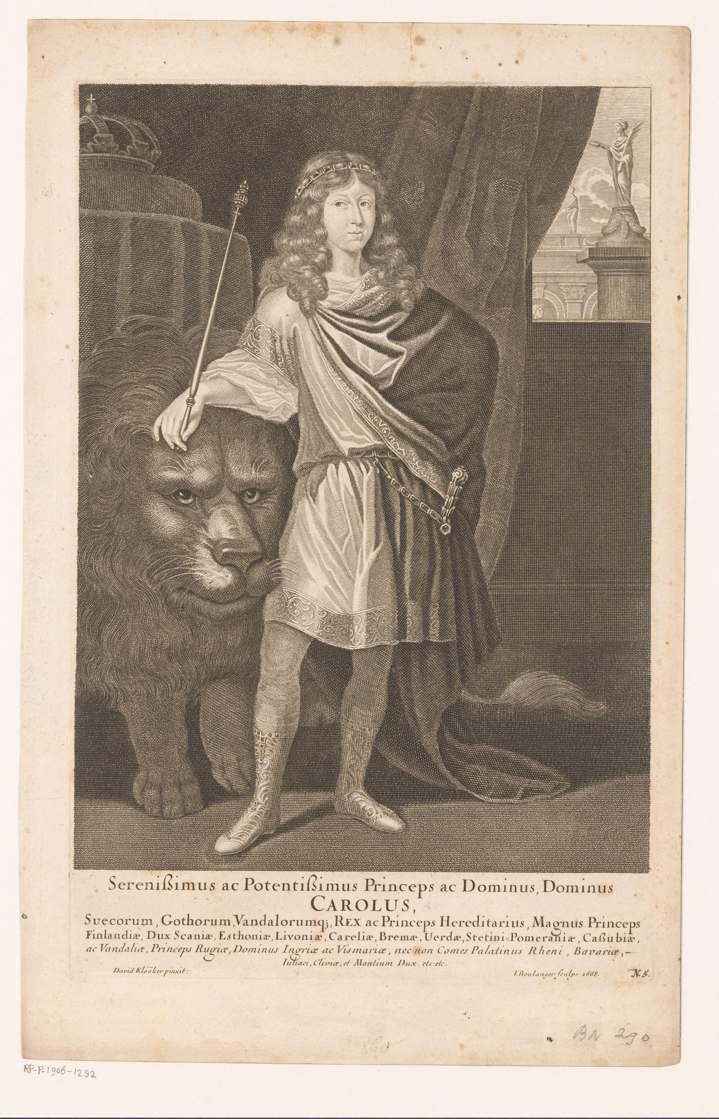 Portret van Karel XI, koning van Zweden, met leeuw