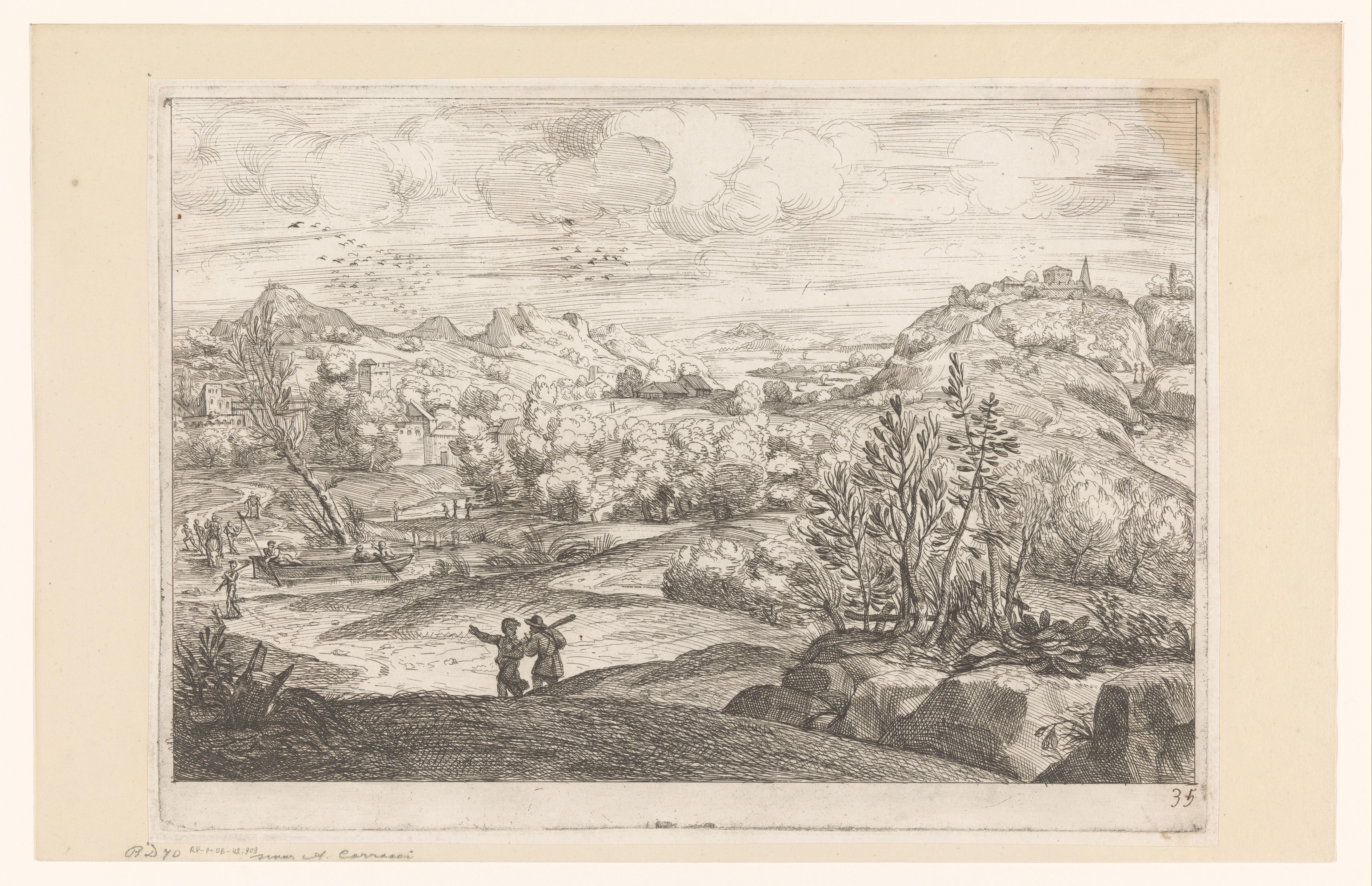 Landschap met figuren in een boot