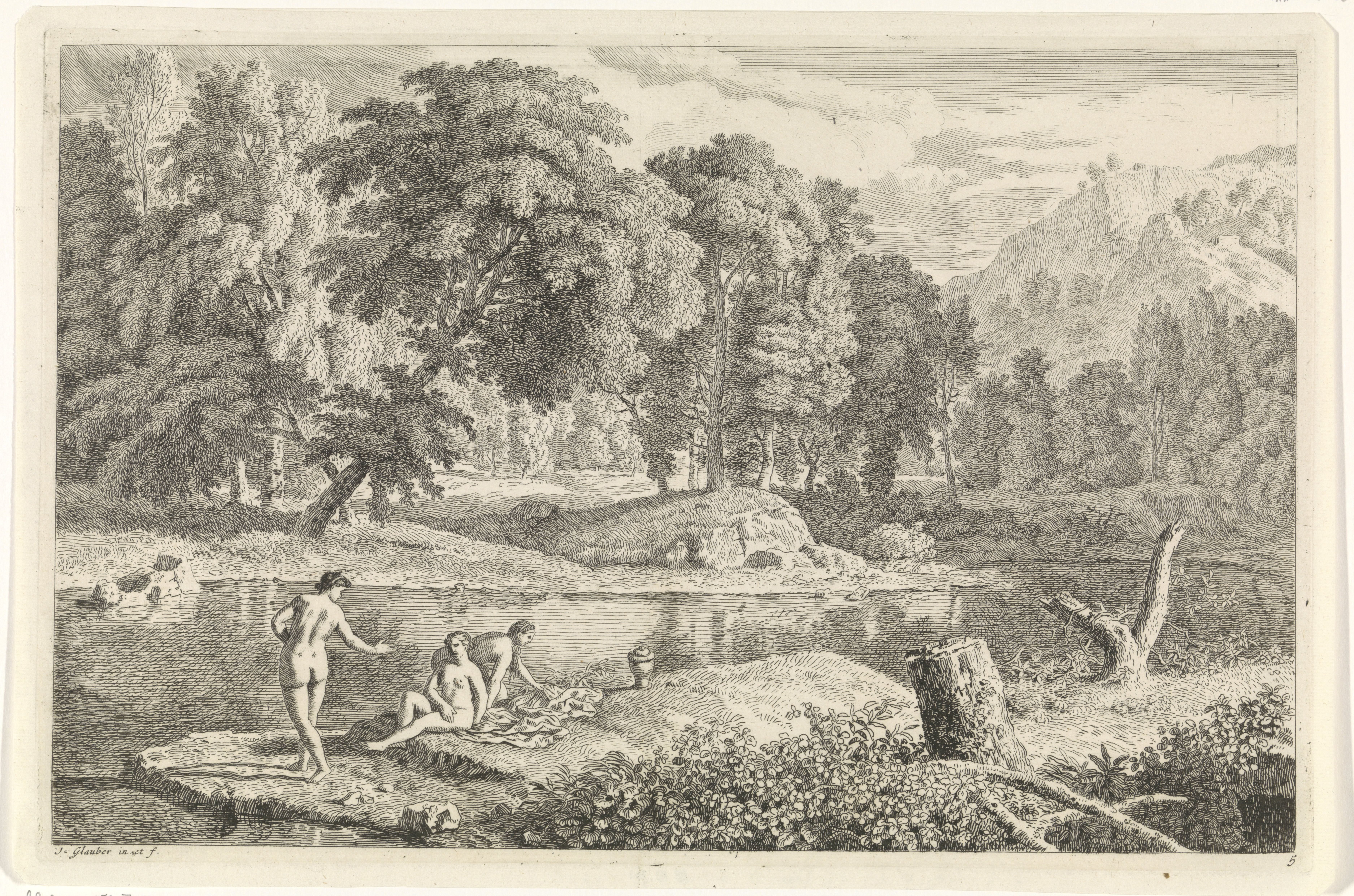 Arcadisch landschap met een rivier en drie badende vrouwen