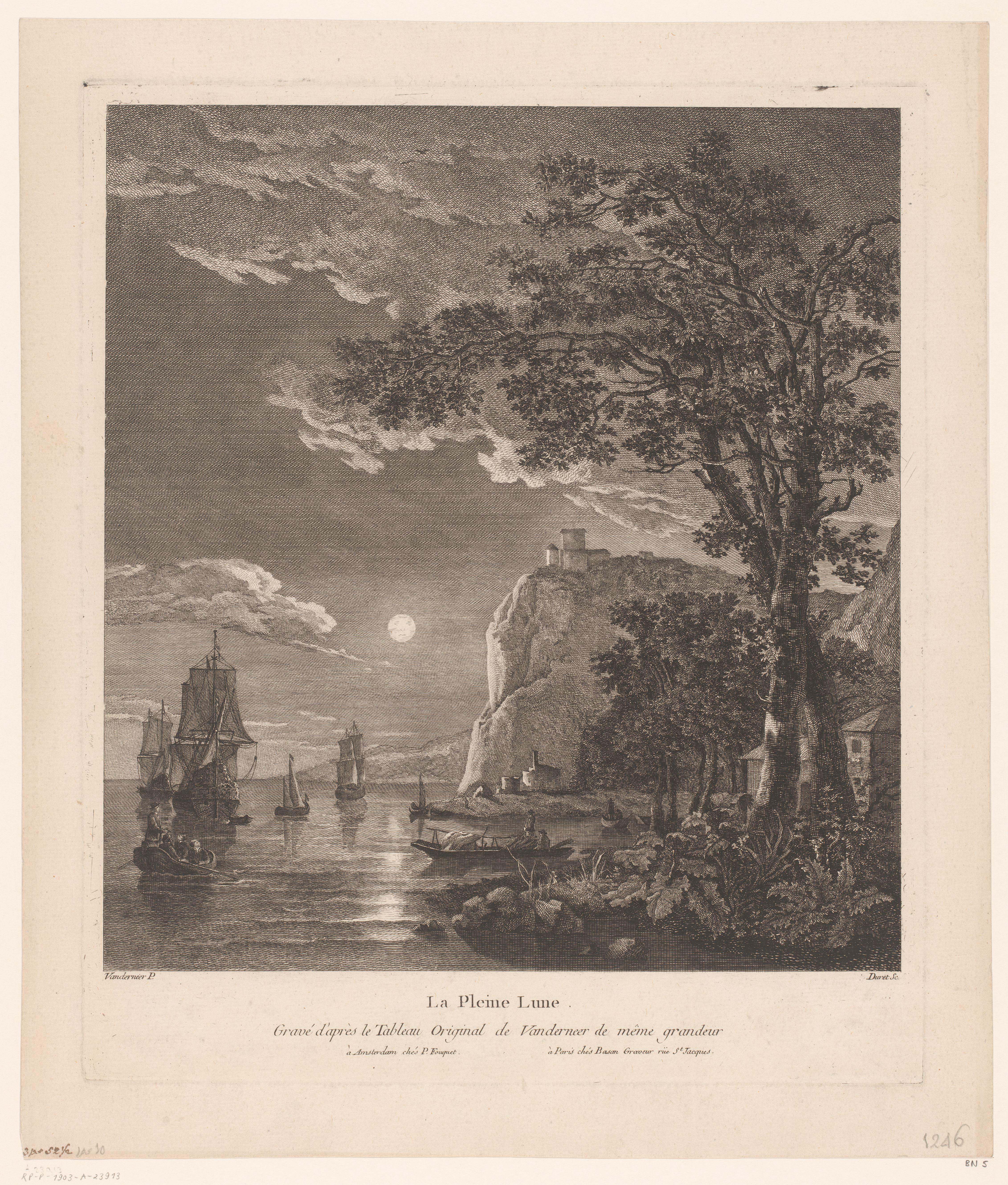 Nachtelijk landschap met schepen aan de kust