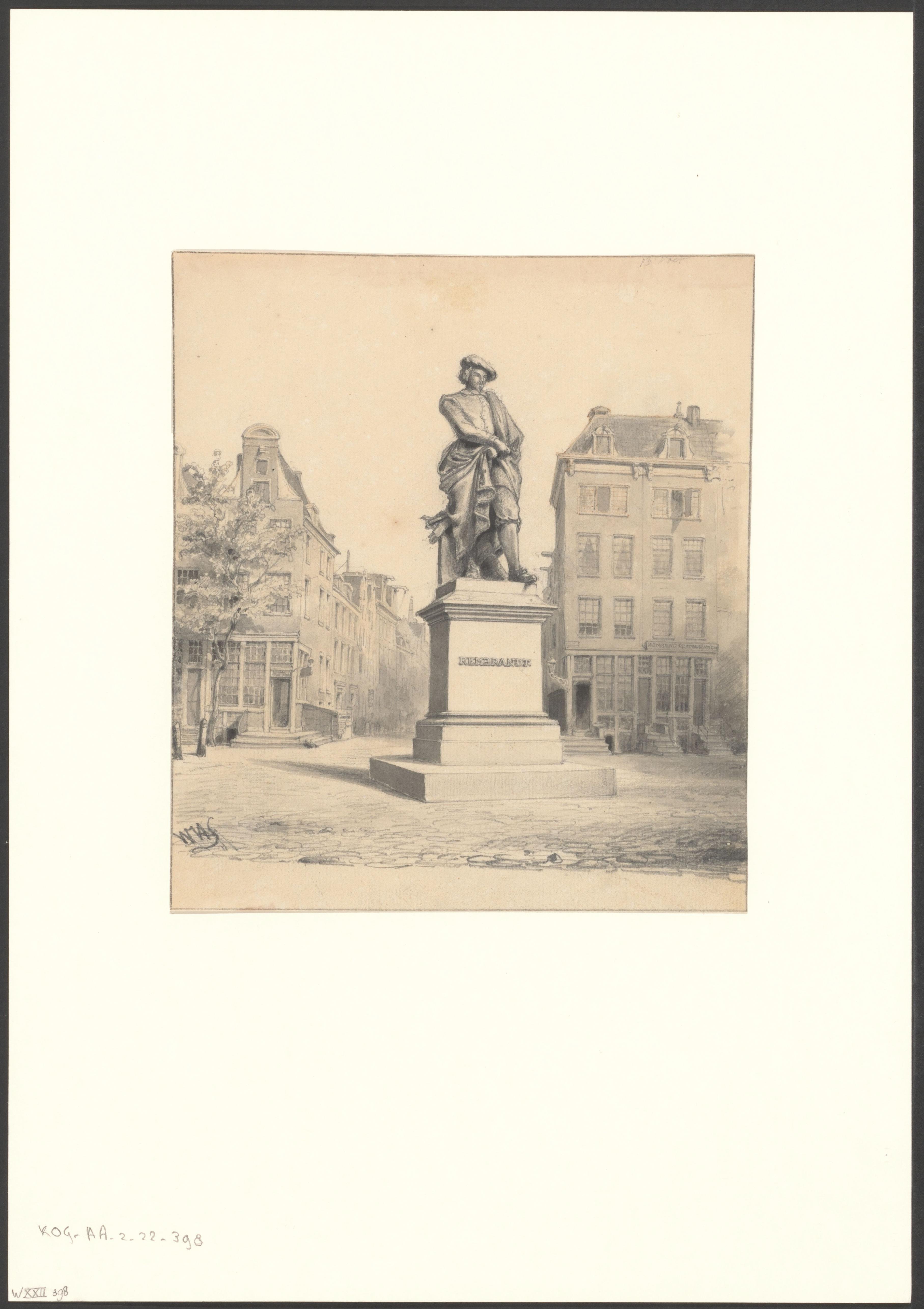 Gezicht op het standbeeld van Rembrandt voor de Reguliersdwarsstraat