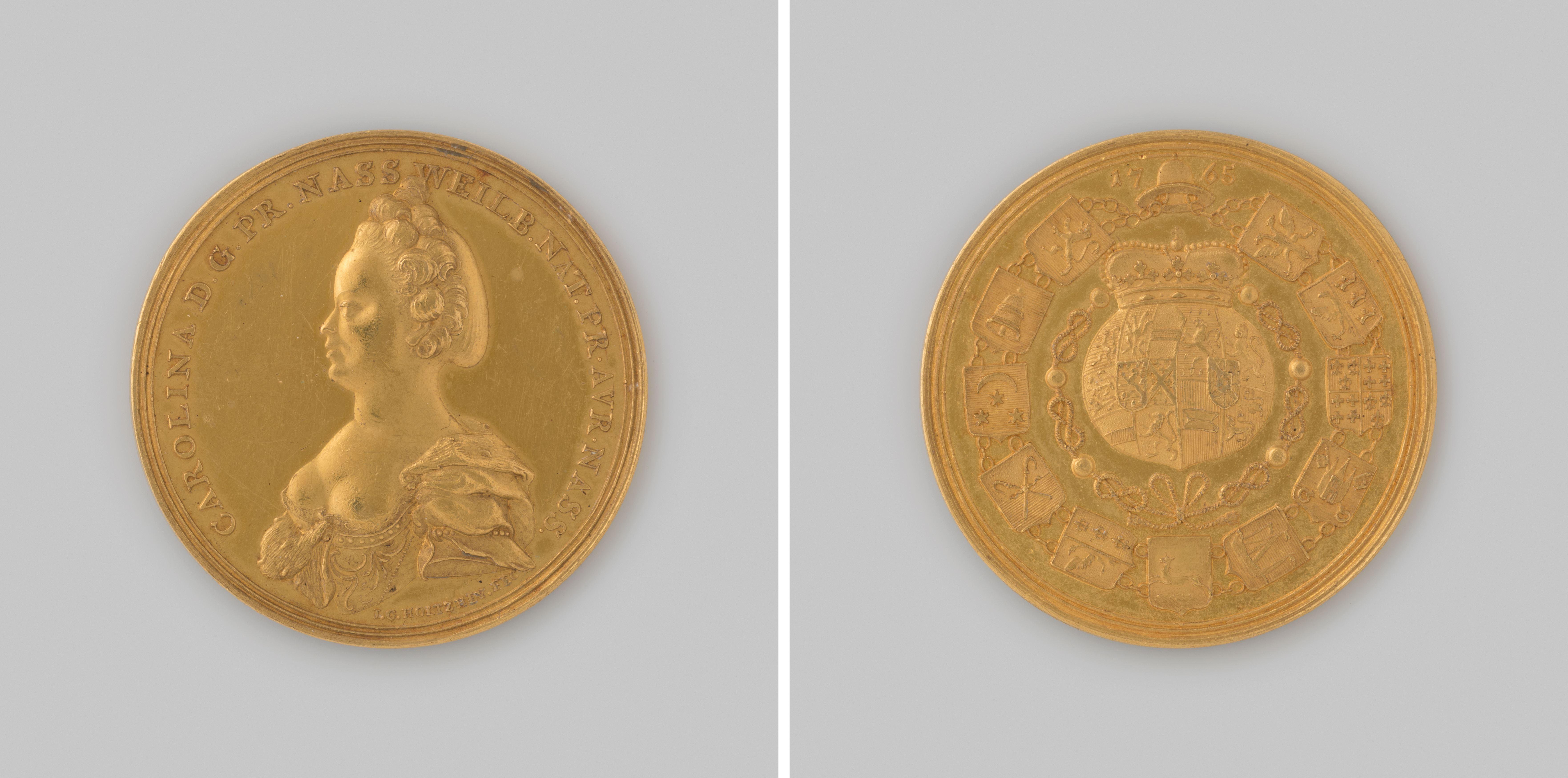 Landdagpenning van Friesland op naam van prinses Carolina van Nassau-Weilburg 1765