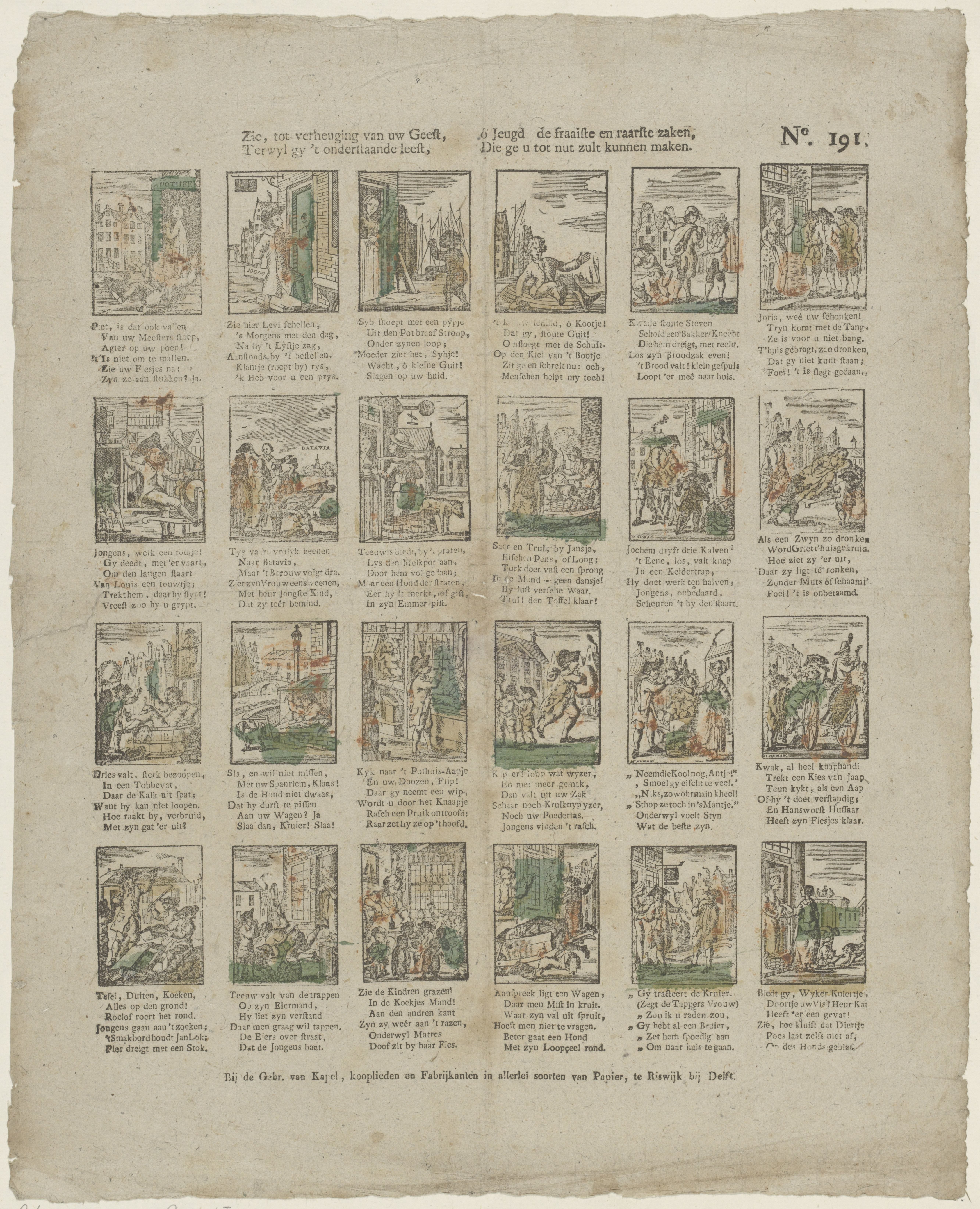 Zie, tot verheuging van uw geest, / Terwyl gy 't onderstaande leest, / ô jeugd de fraaiste en raarste zaken; / Die ge u tot nut zult kunnen maken