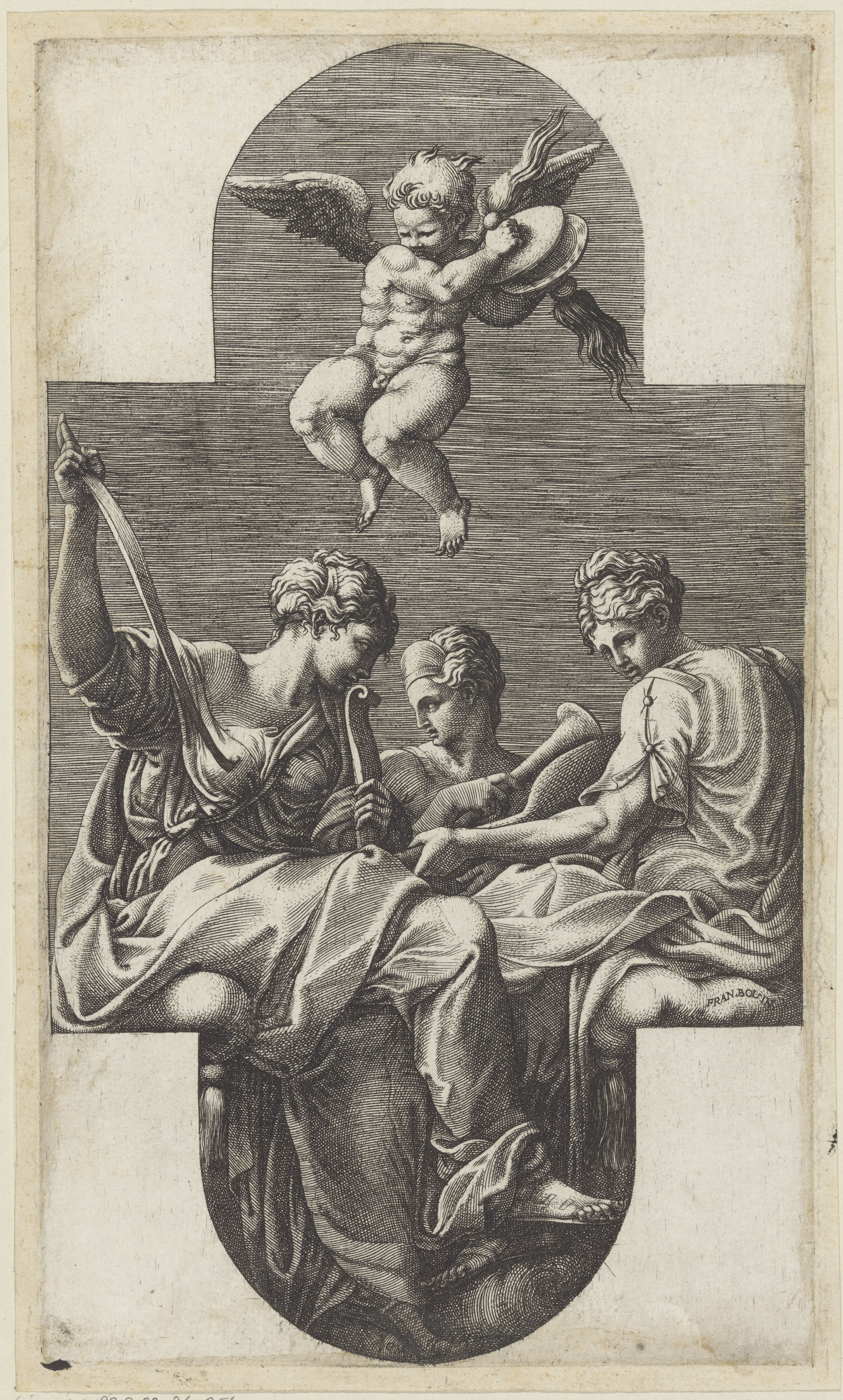 Drie muzen en een putto met cimbalen