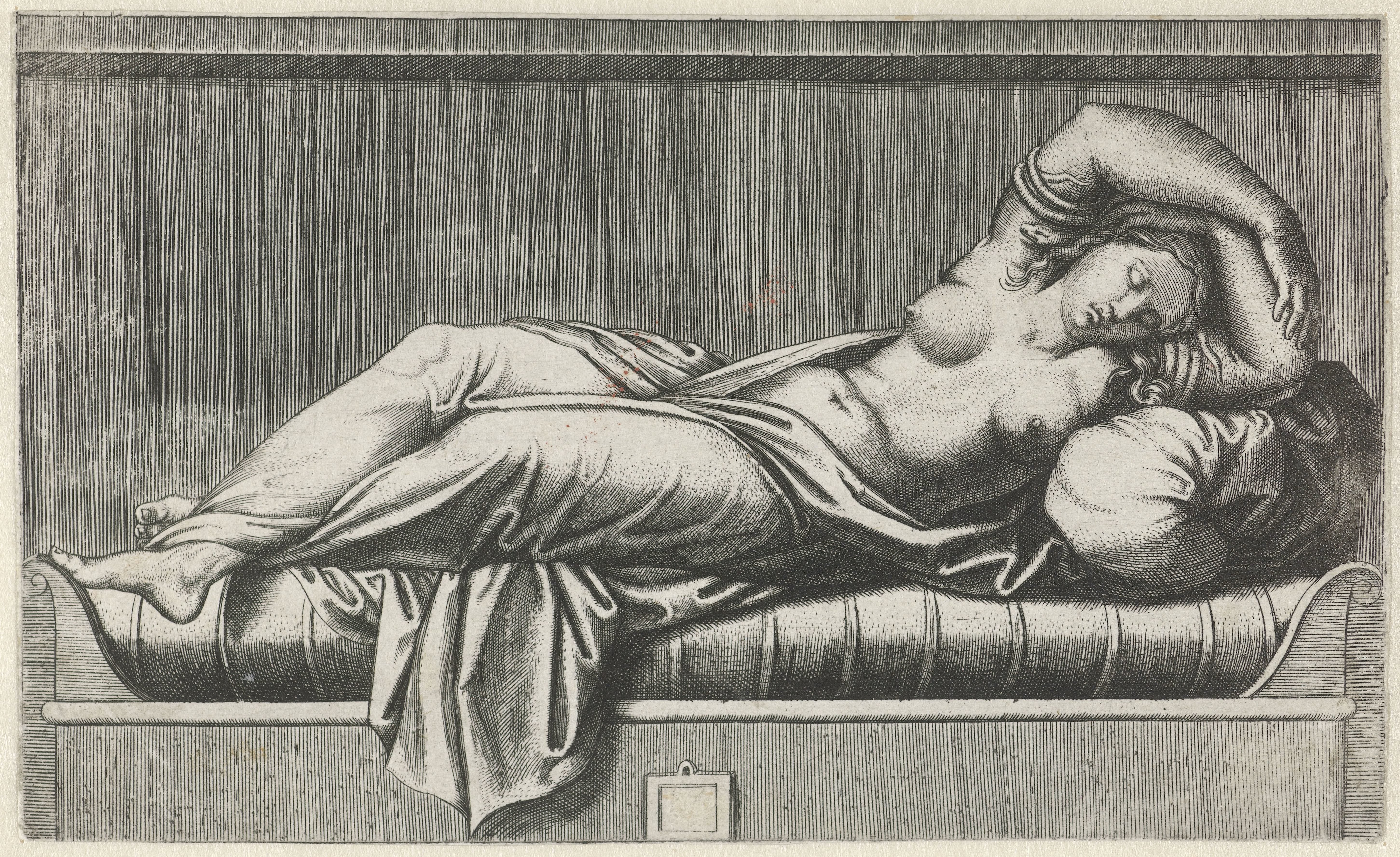 Cleopatra halfnaakt liggend op bed
