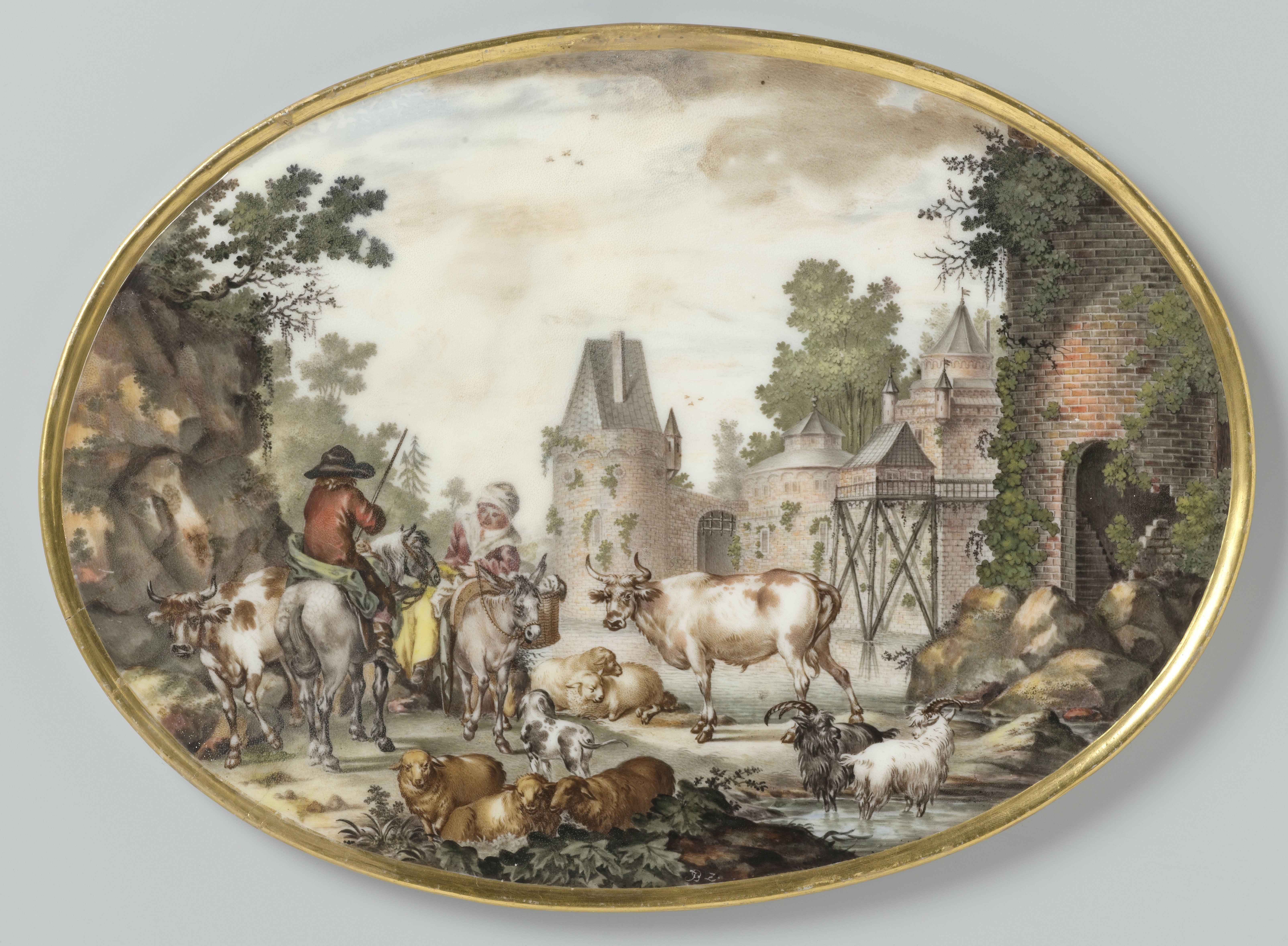Twee ovale platen met figuren en vee in een rivierlandschap