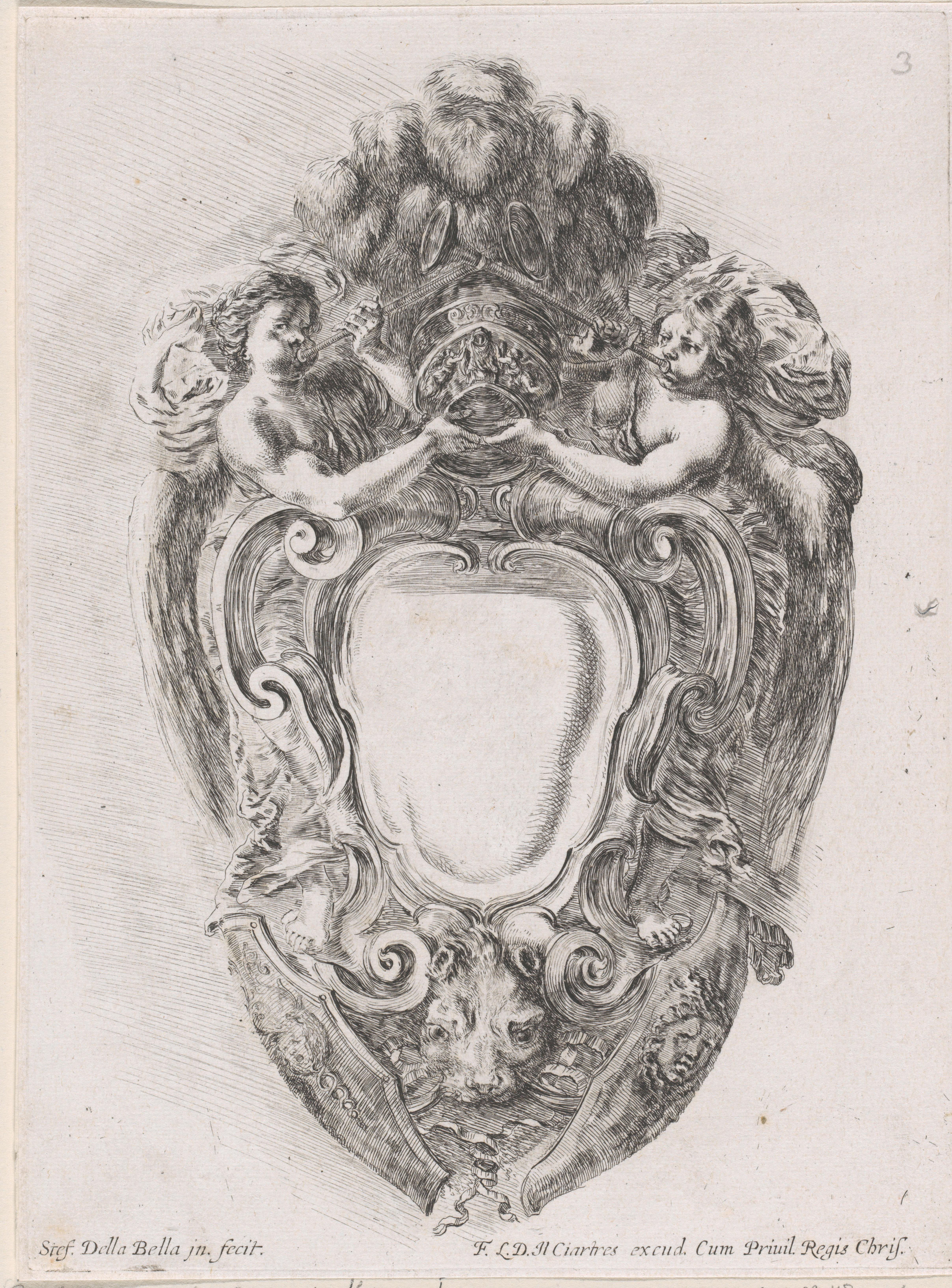 Cartouche met leeuwenkop, twee schilden en twee trompetblazende engelen die een helm ondersteunen