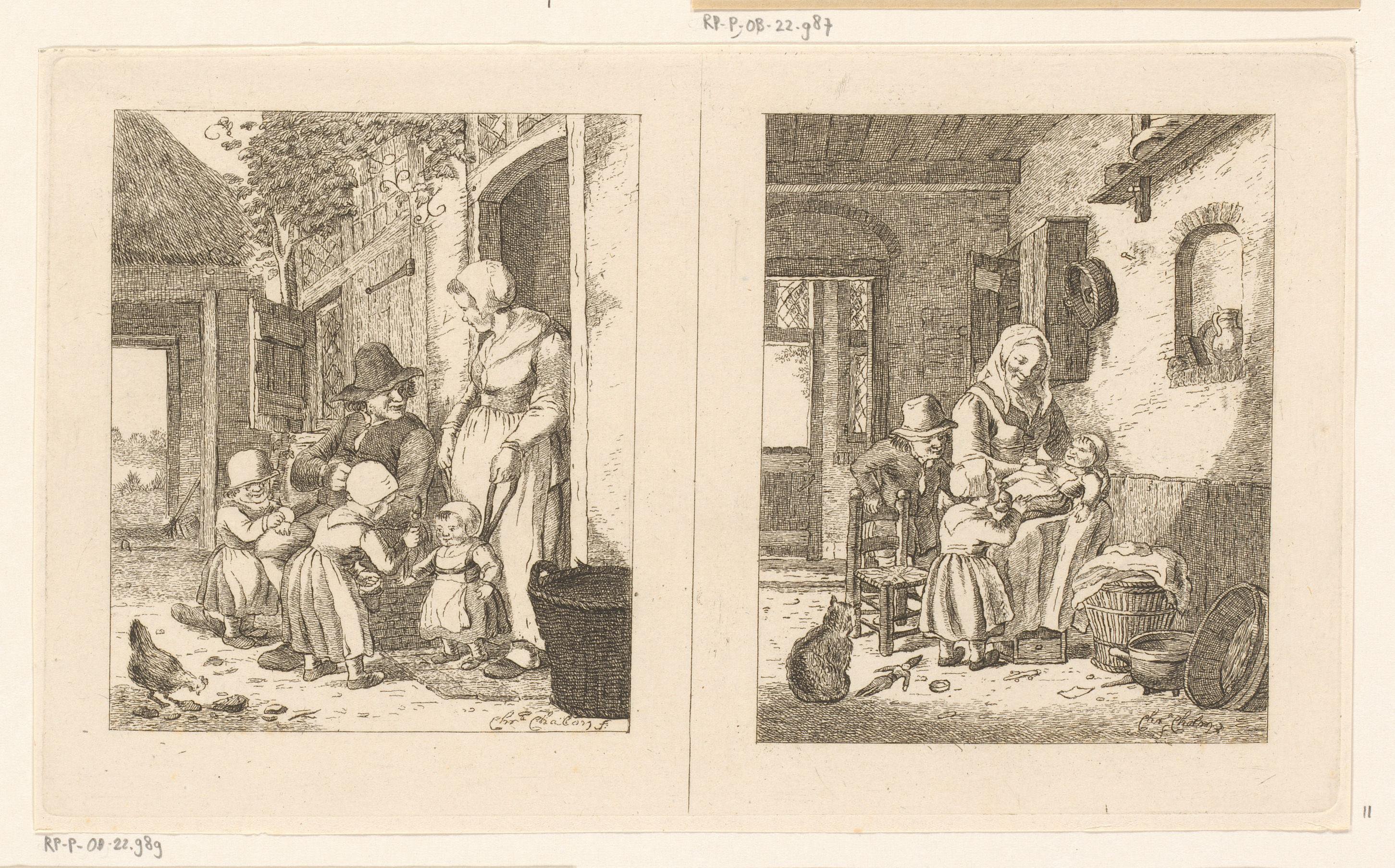 Gezin voor een huis en een vrouw met kinderen