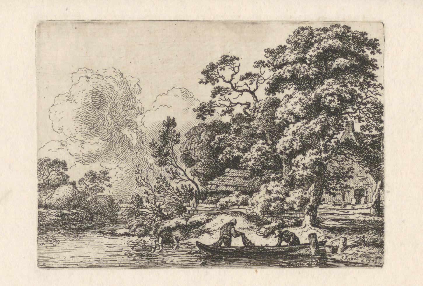 Landschap met vissers bij de oever van een rivier