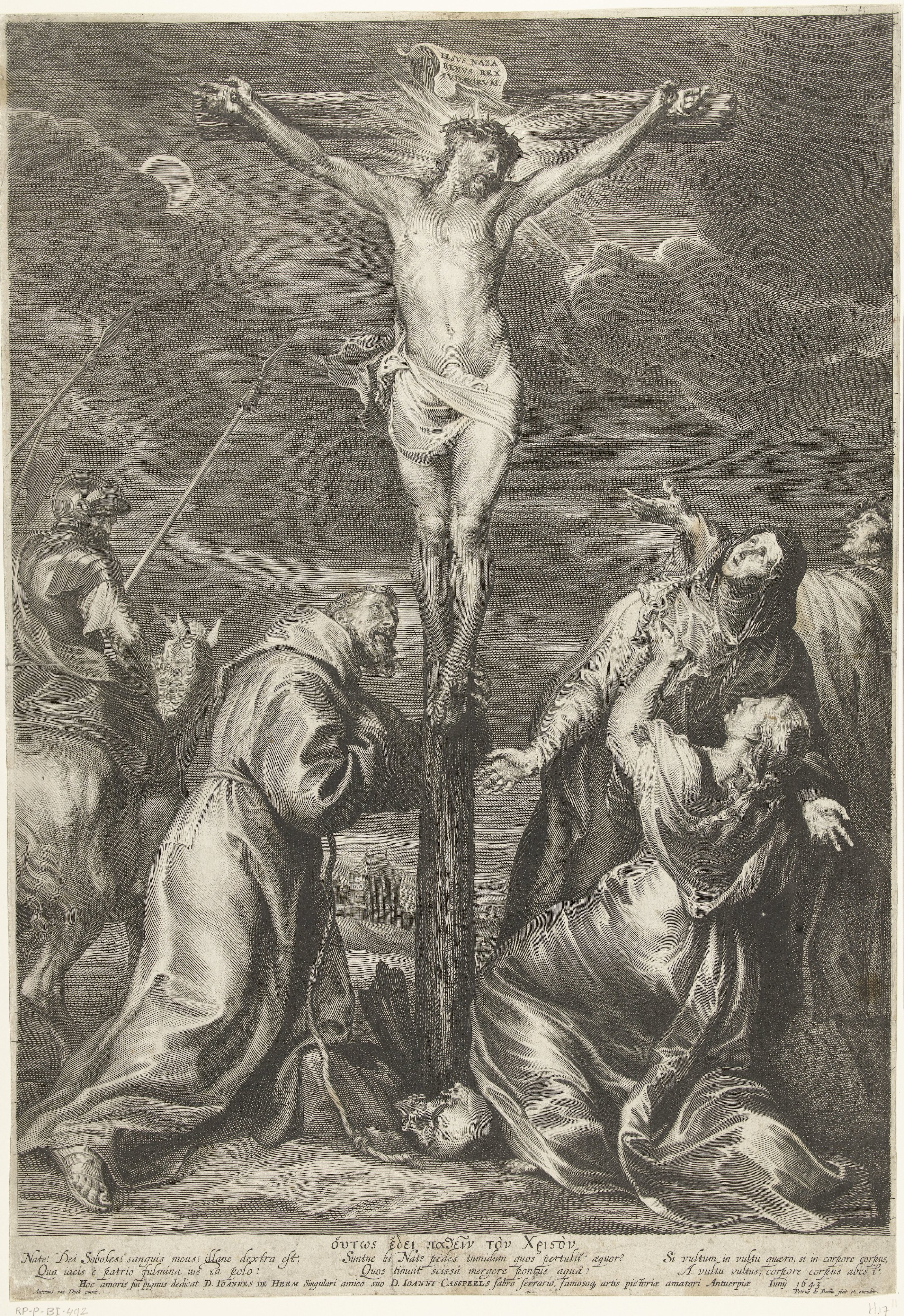 Christus aan het kruis met Maria en Maria Magdalena en Johannes de Evangelist en Franciscus van Assisi