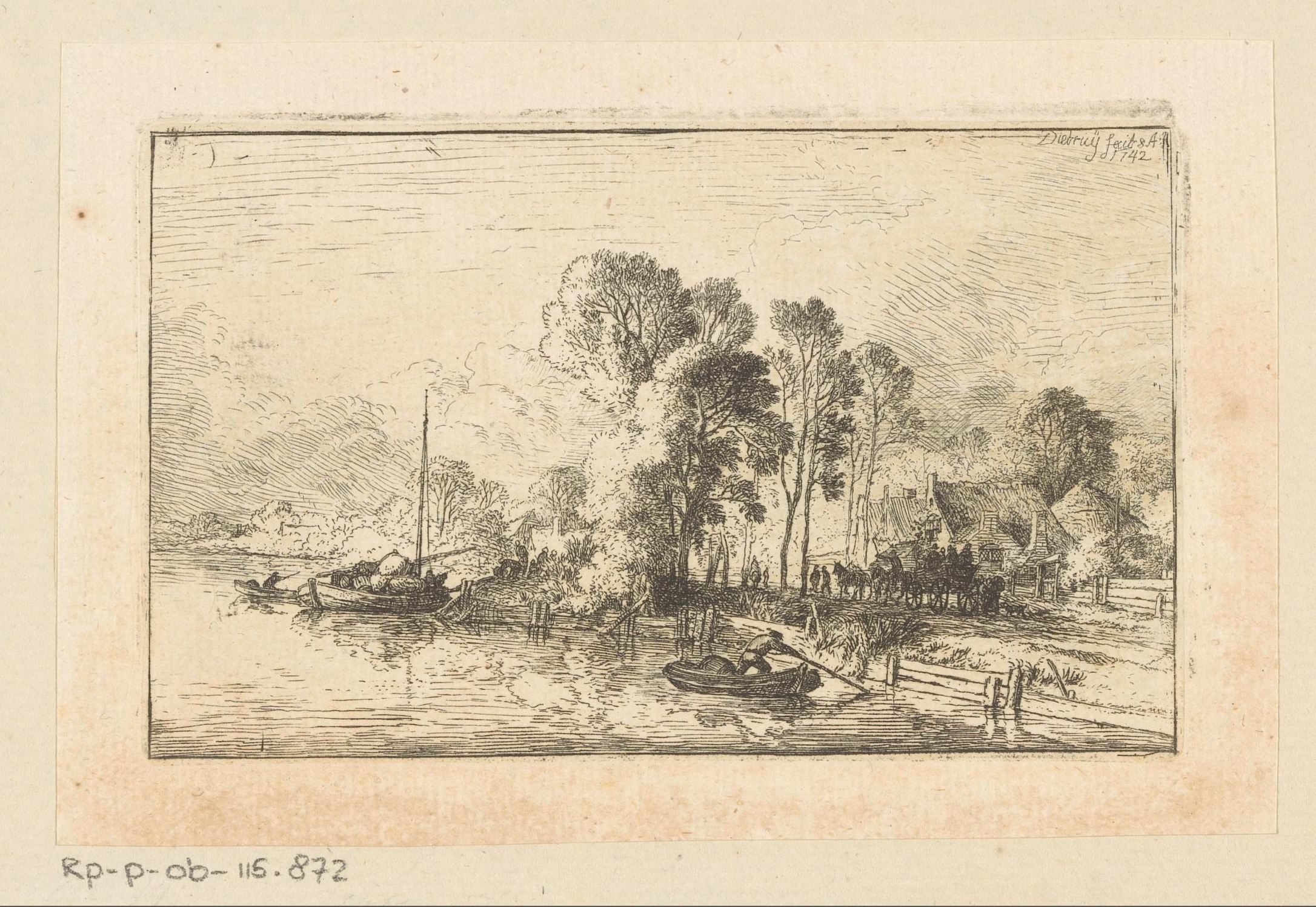 Landschap met boerderijen, gezien vanaf het water