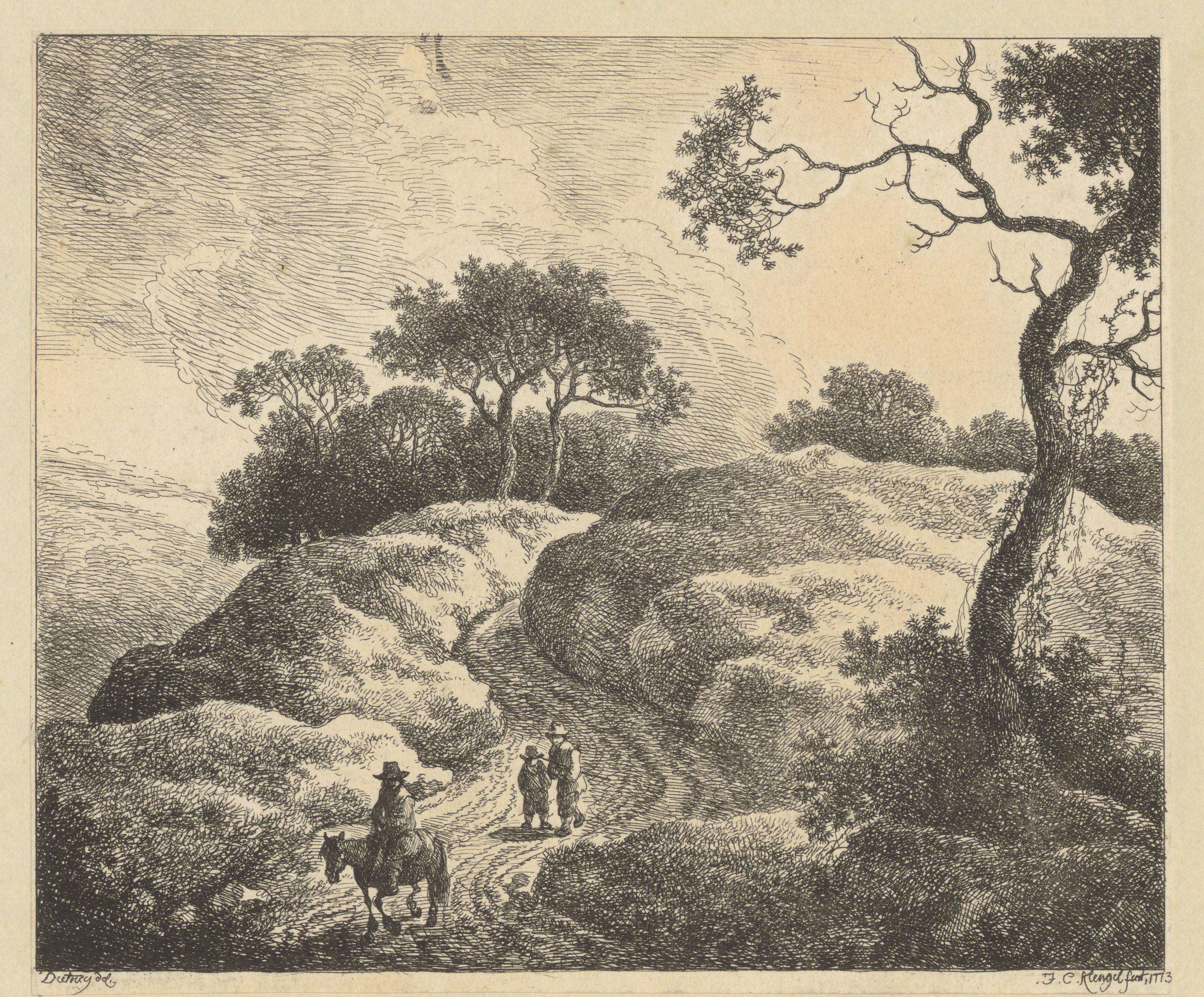 Heuvellandschap met een ruiter en twee wandelaars