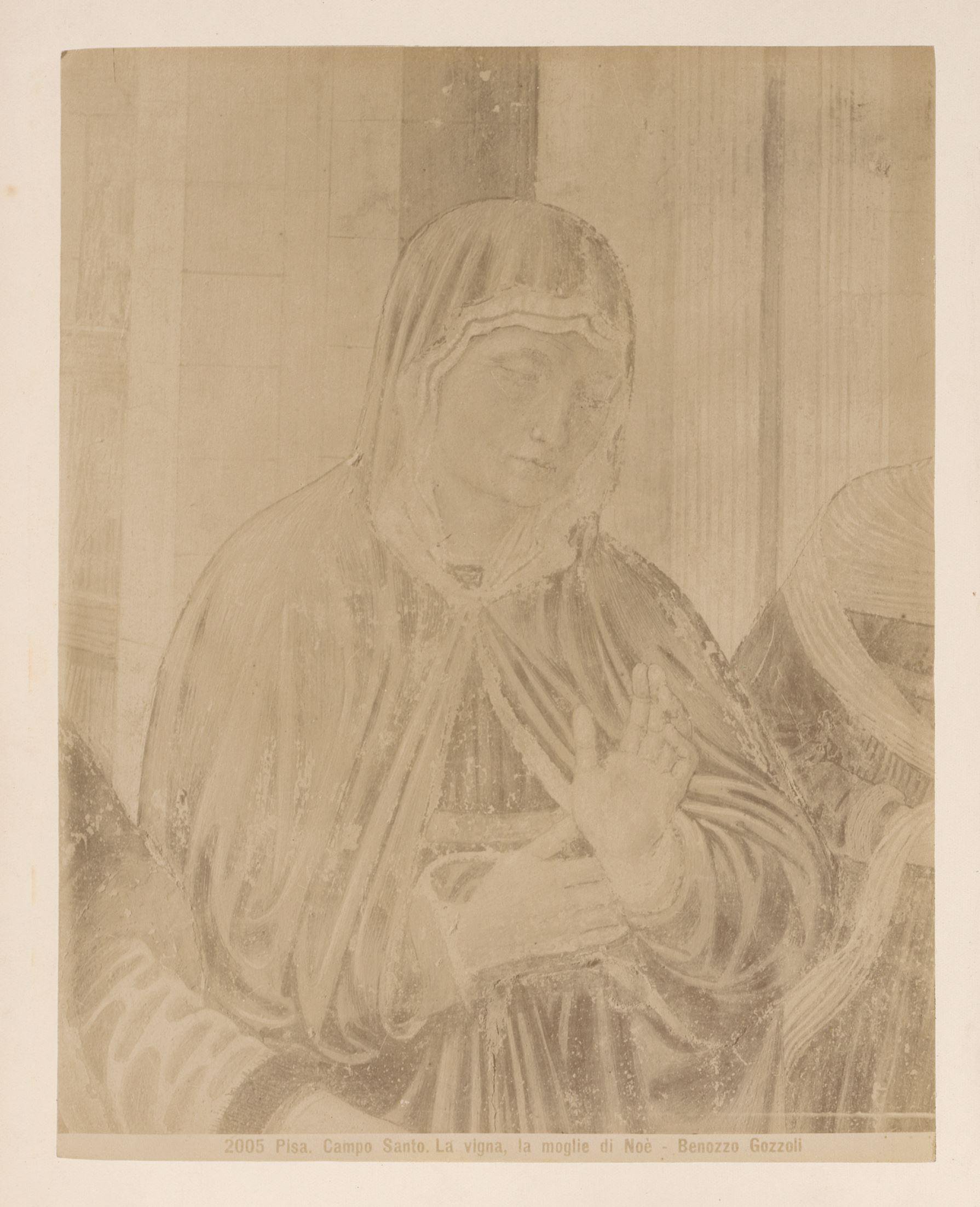 Fotoreproductie van het fresco De vrouw van Noach door Benozzo Gozzoli in het Camposanto te Pisa, Italië