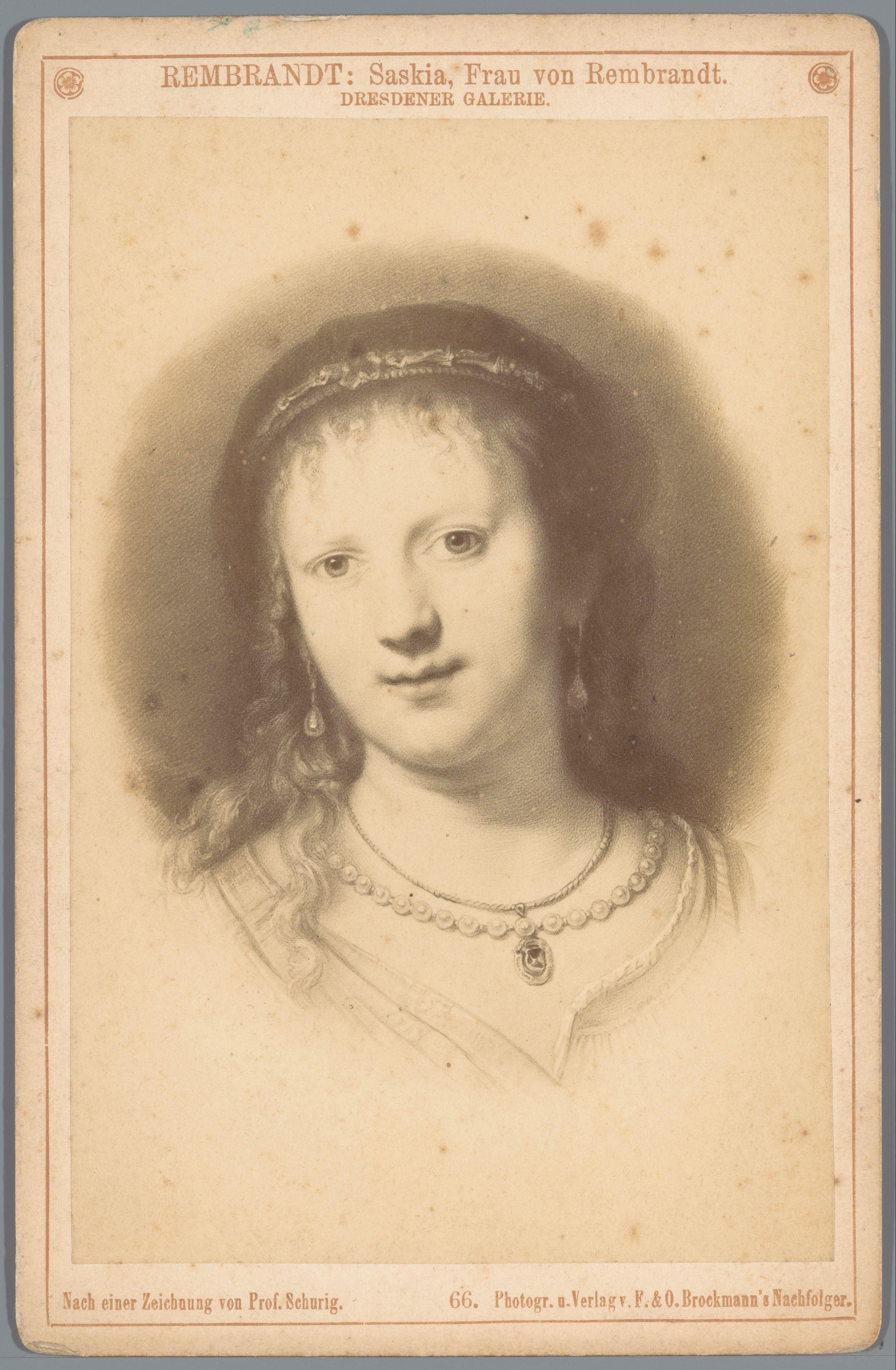 Fotoreproductie van tekening door professor Schurig naar een portret van Saskia van Uylenburgh door Rembrandt