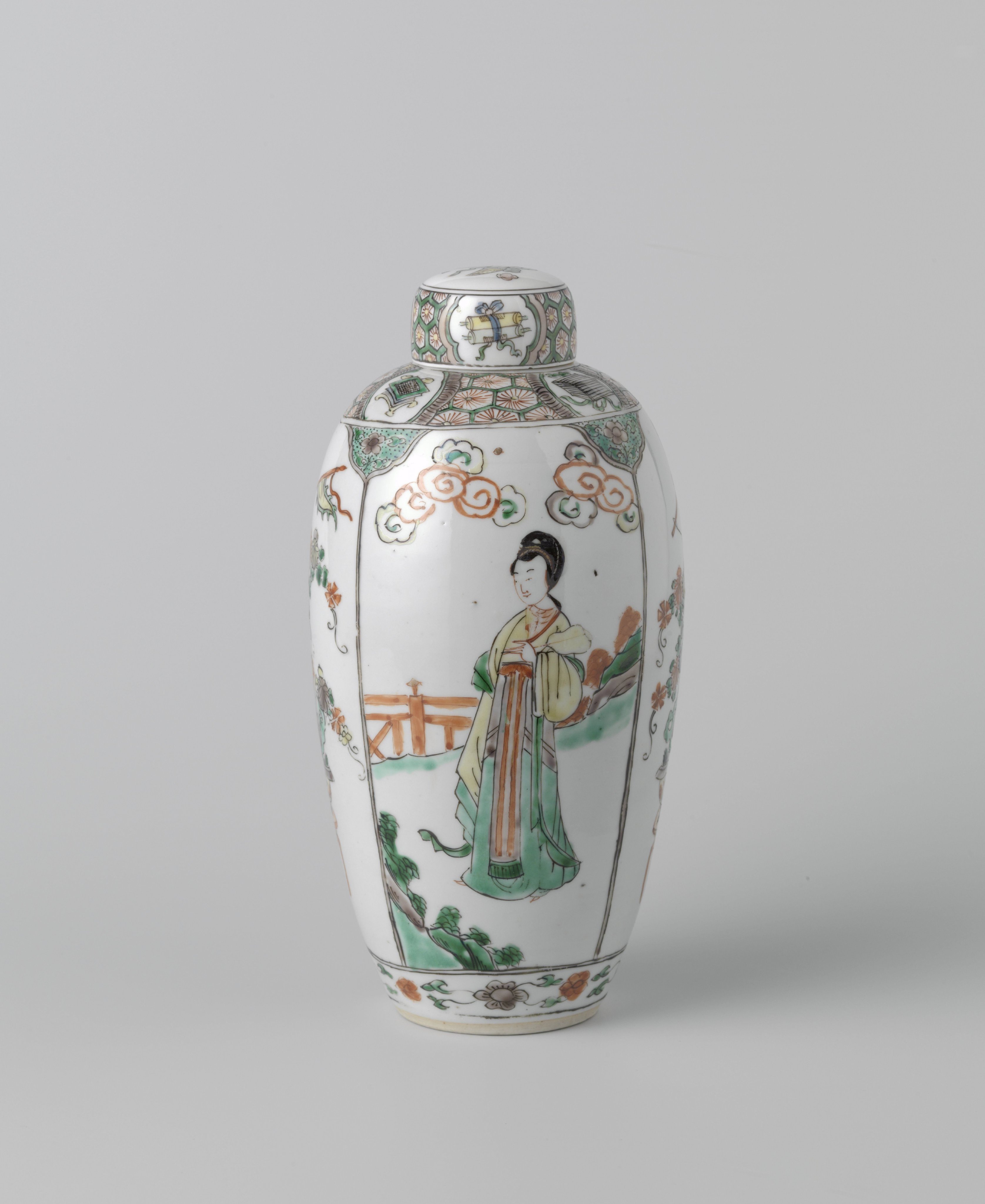Ovoid covered jar with women and flower pots