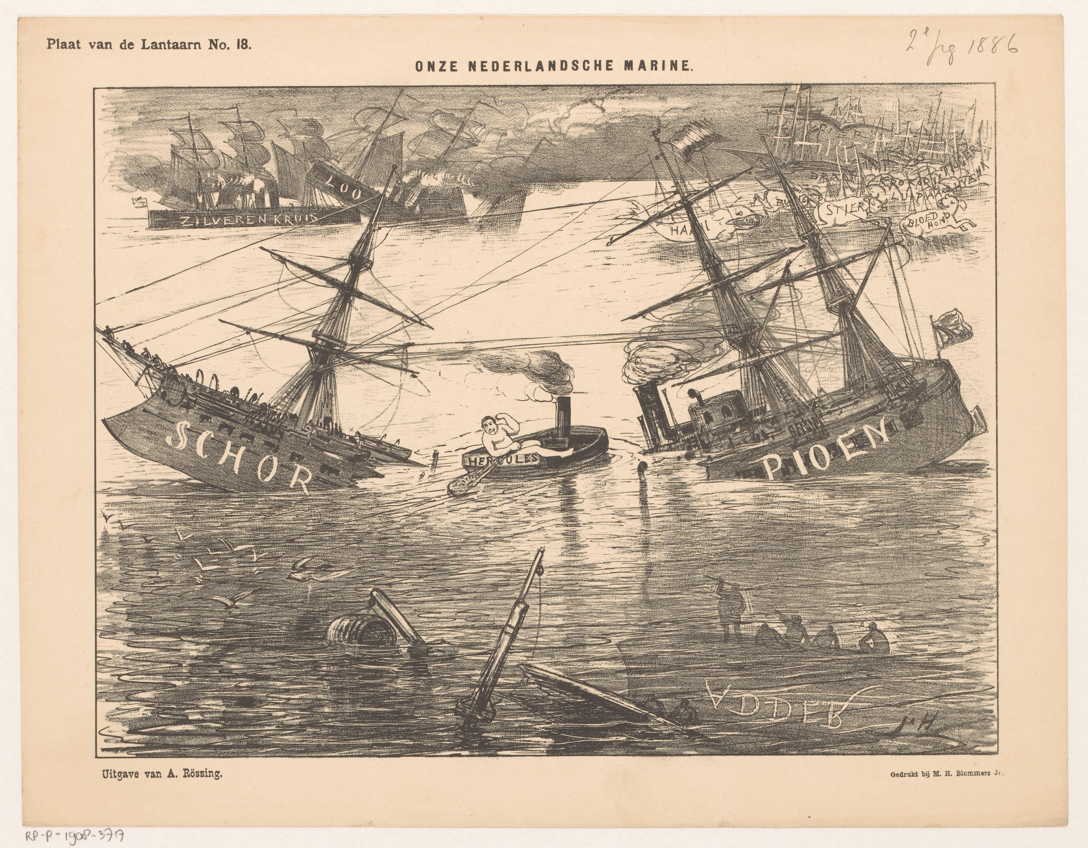 Spotprent over het schip de Schorpioen en de Nederlandse marine