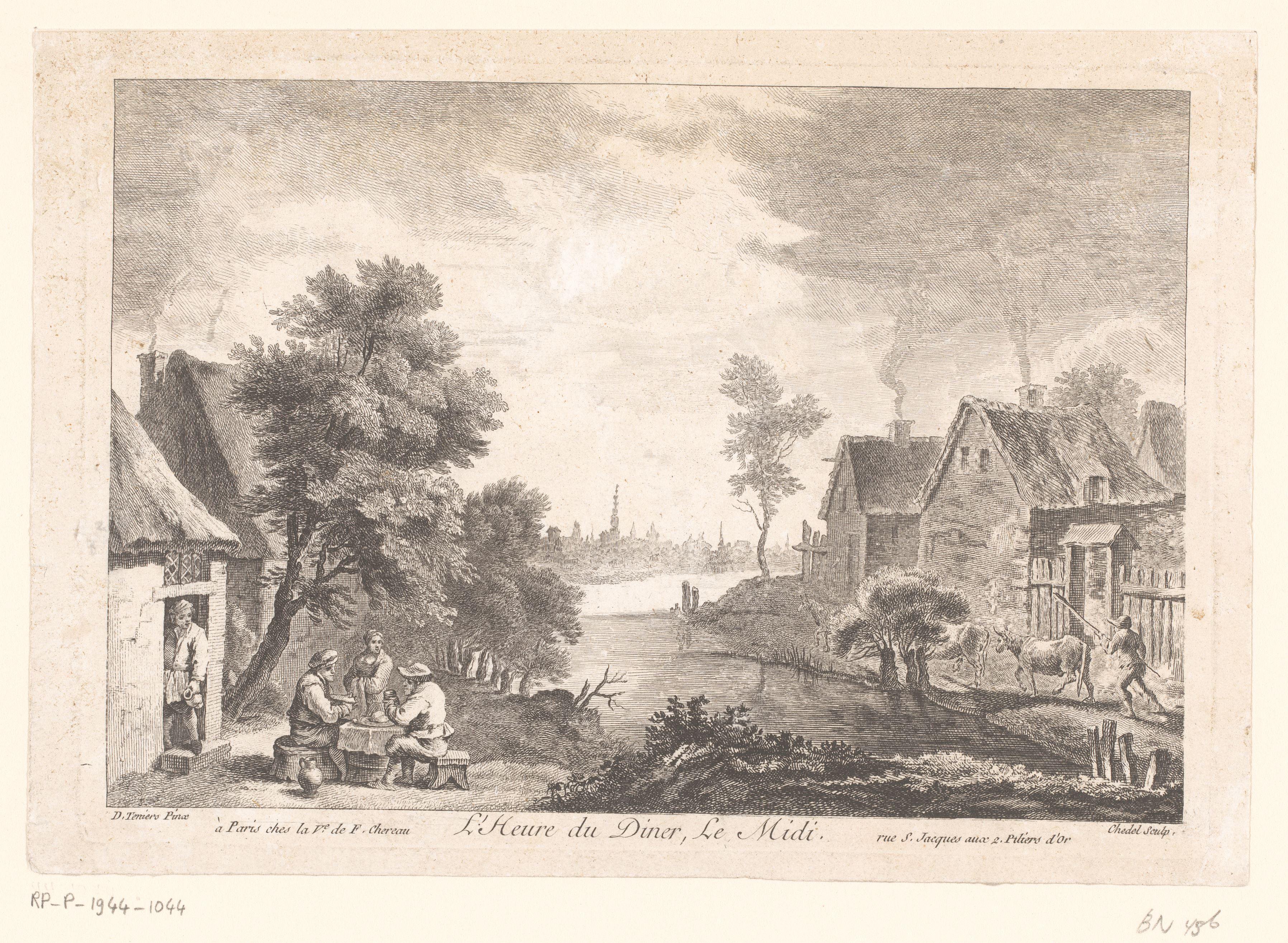 Huizen langs een rivier met links figuren bij een herberg