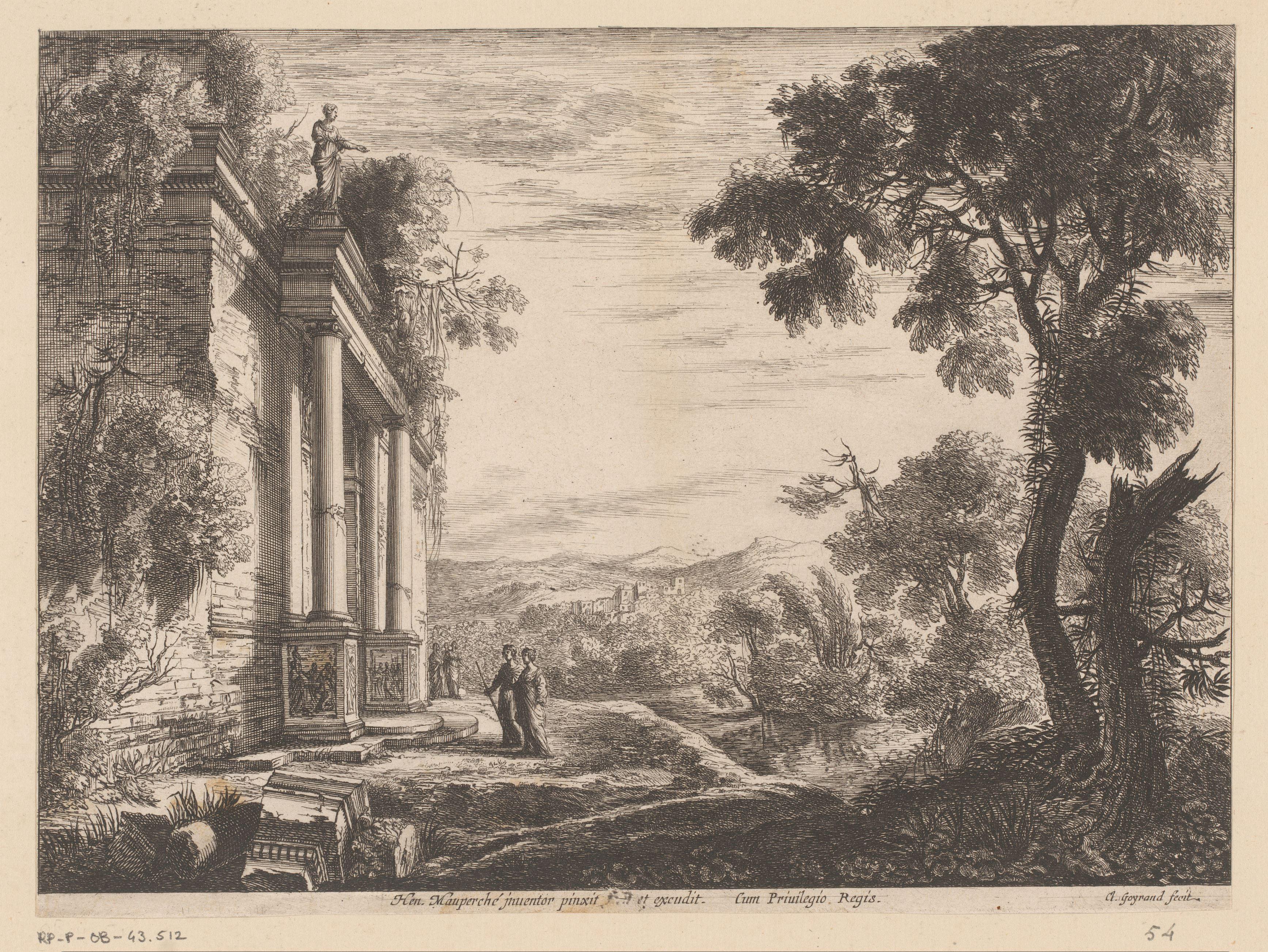 Landschap met figuren voor een antieke ruïne