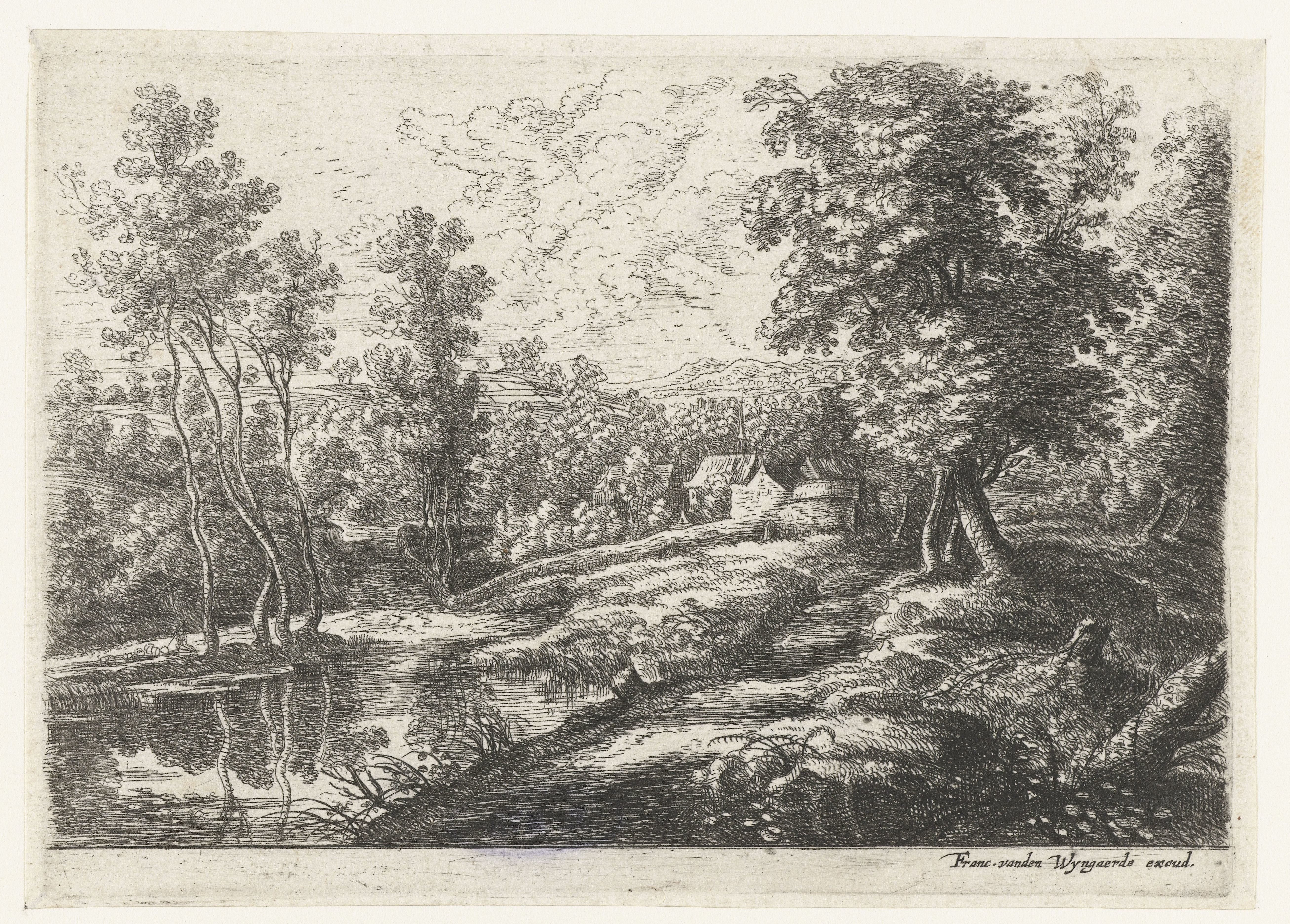 Landschap met huizen en een kerk omring door een muur