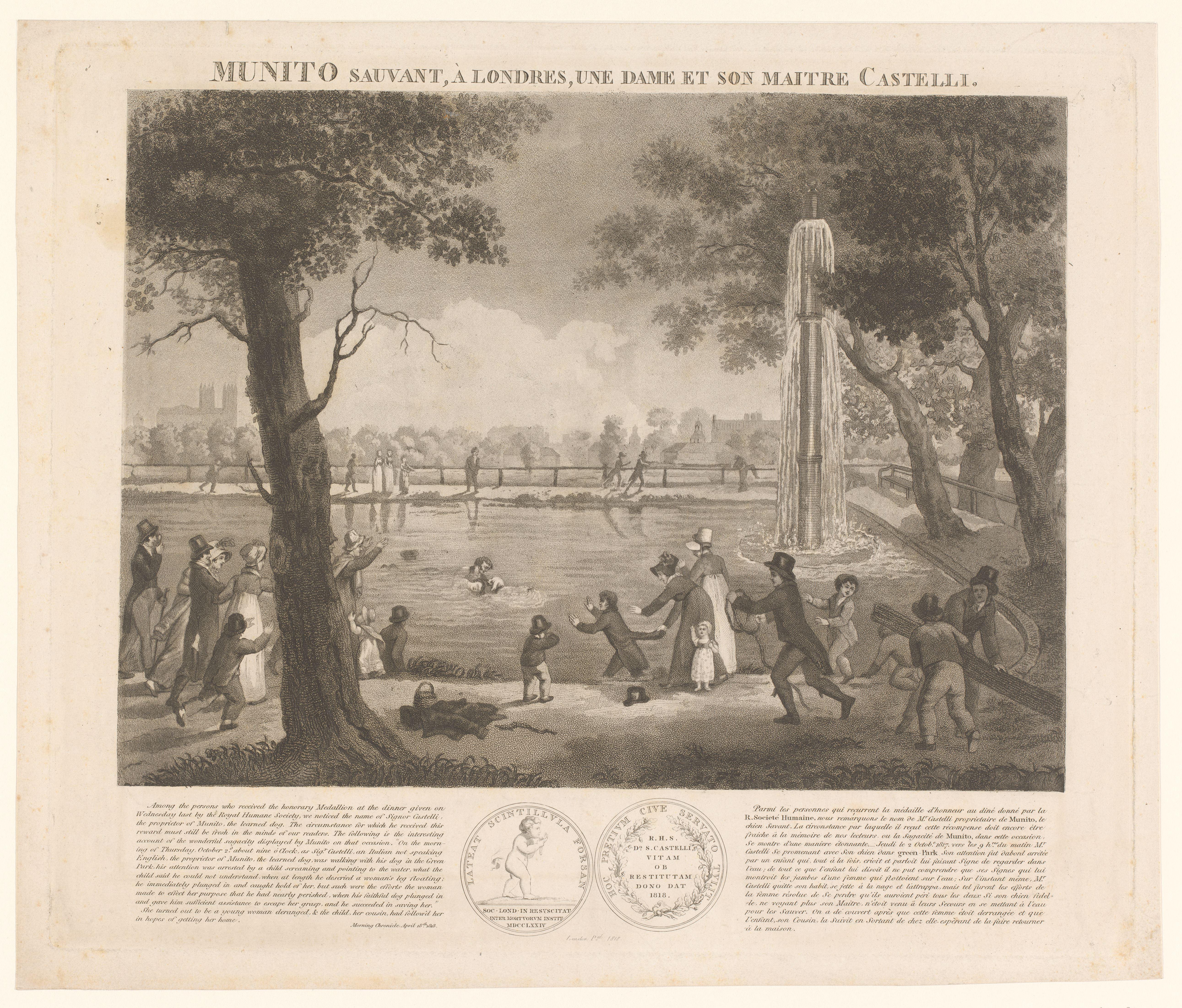 Man en zijn hond redden een vrouw uit een vijver in Green Park, 1817